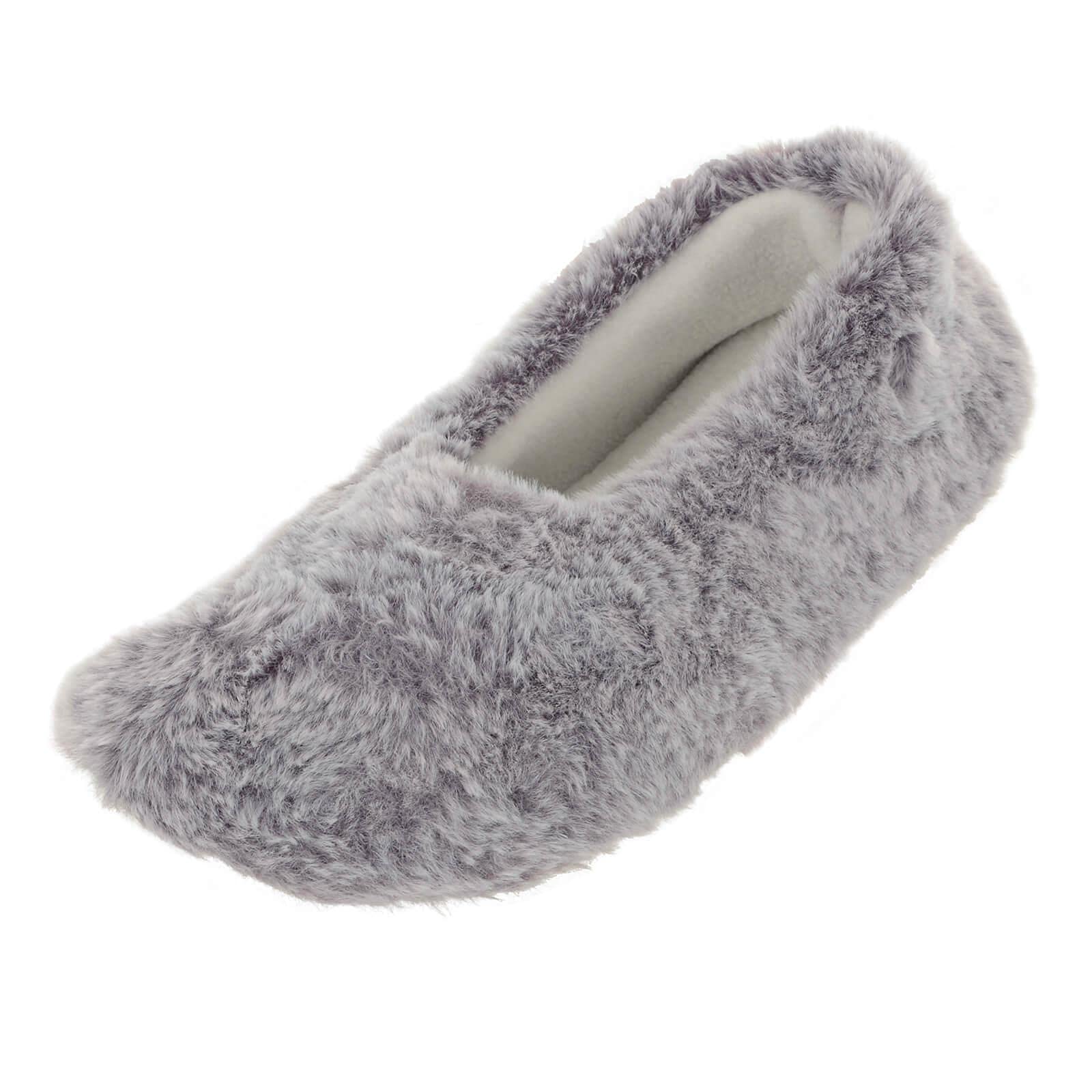 Womens Ballet Slippers Grey Faux Fur White Fleece Firm Sole Natalia - 7 UK