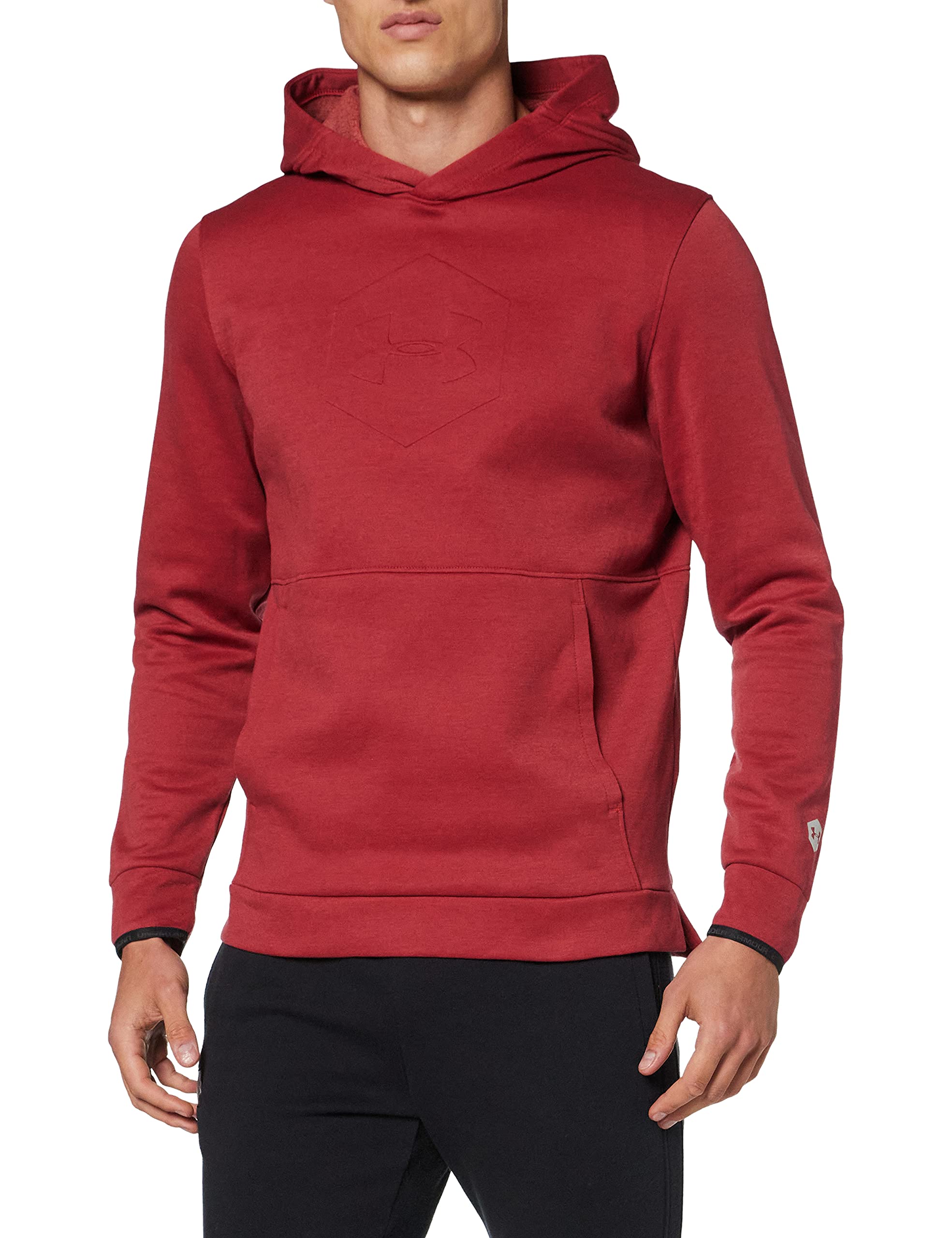 Under Armour Men Athlete Recovery Fleece Graphic Hoodie Warm-Up Top - Stadium Red/Metallic Silver (610), X-Large