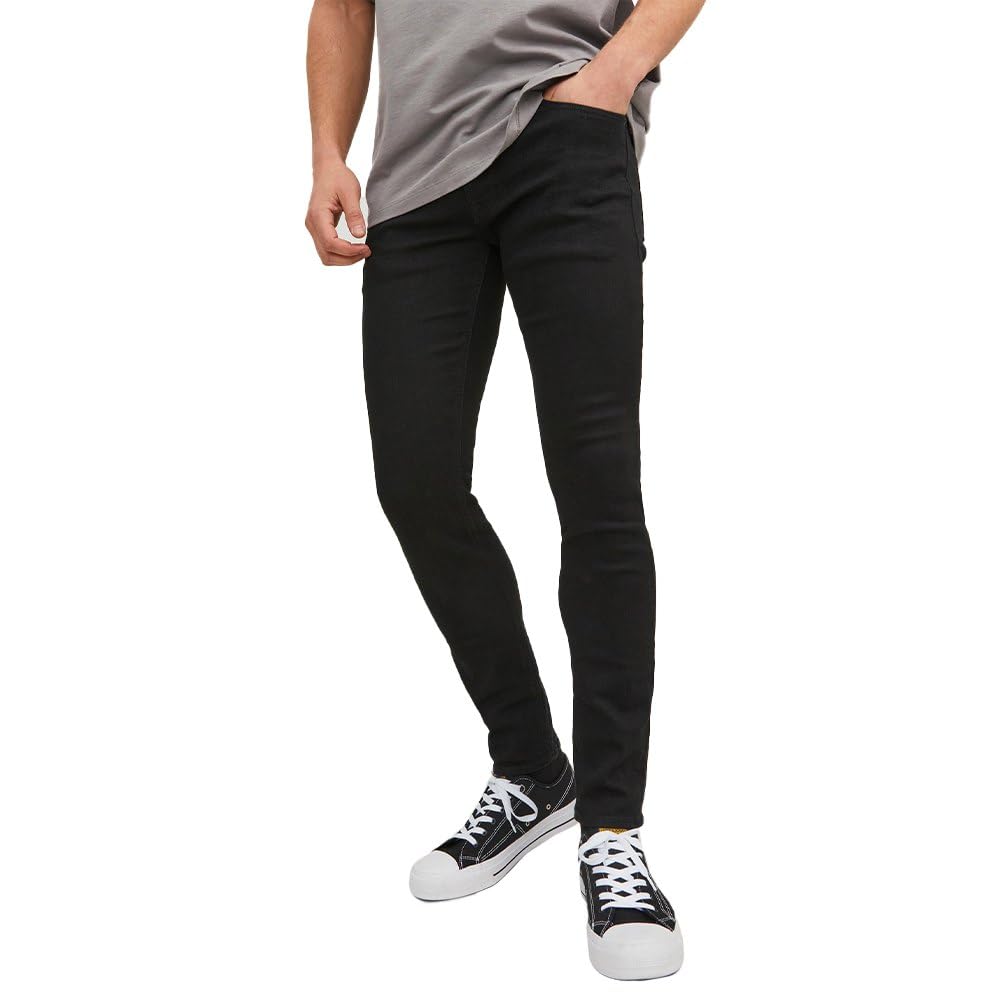 JACK & JONES Men's Skinny Fit Jeans in Black Denim, 64% Cotton 34% Polyester 2% Elastane, 5-Pocket Design, 34W / 30L