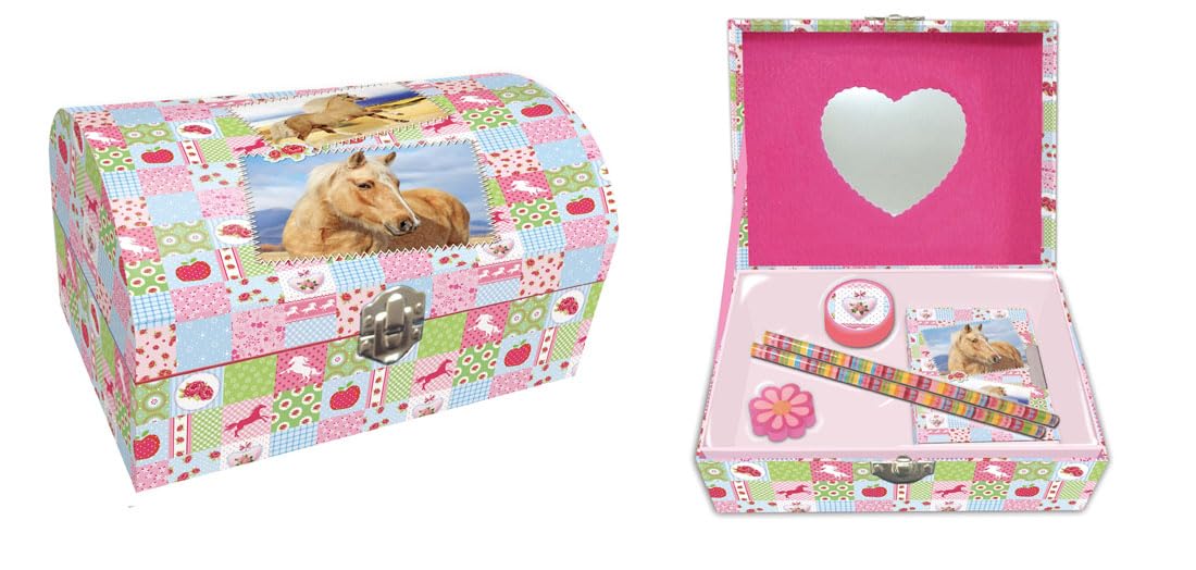 Atoz Horse-Themed Girls' Jewellery Box with Mirror, Patchwork Design, Pink and Green