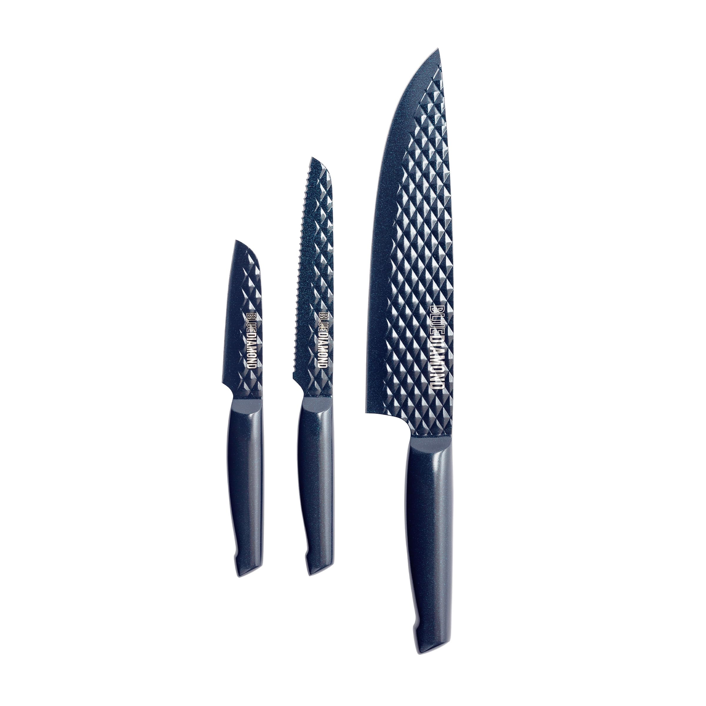 Blue Diamond Sharp Stone Non-Stick Stainless Steel Cutlery, 3 Piece Knife Set, 20cm Chef, 13cm Serrated, 9cm Pairing, Anti-Rust, Easy Release Diamond Texture Blade, Japanese Knife, Blue