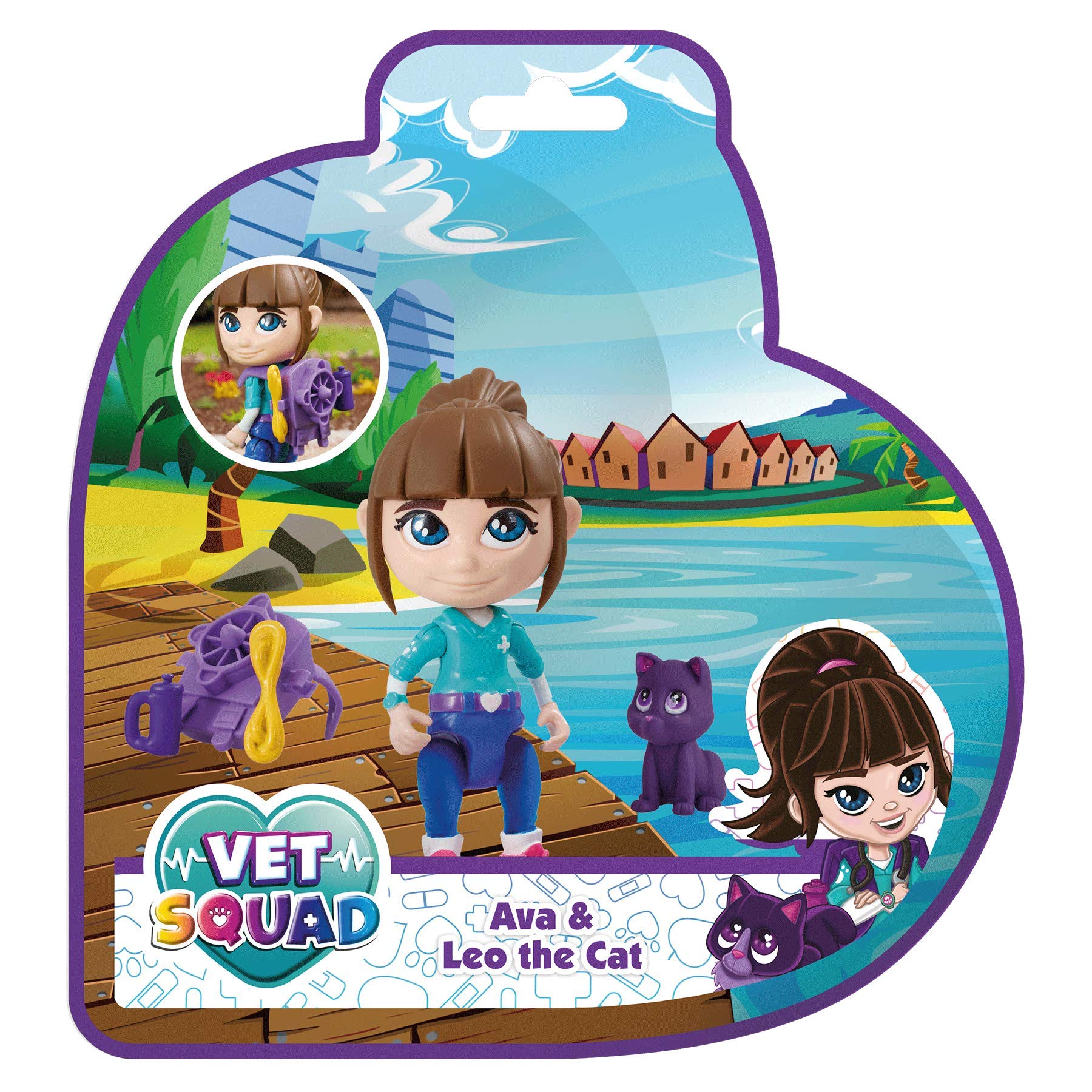 Vet Squad Vet Pet Assortment-Ava & Leo The Cat, 3 Inch Articulated Vet Figure with pet and Accessories