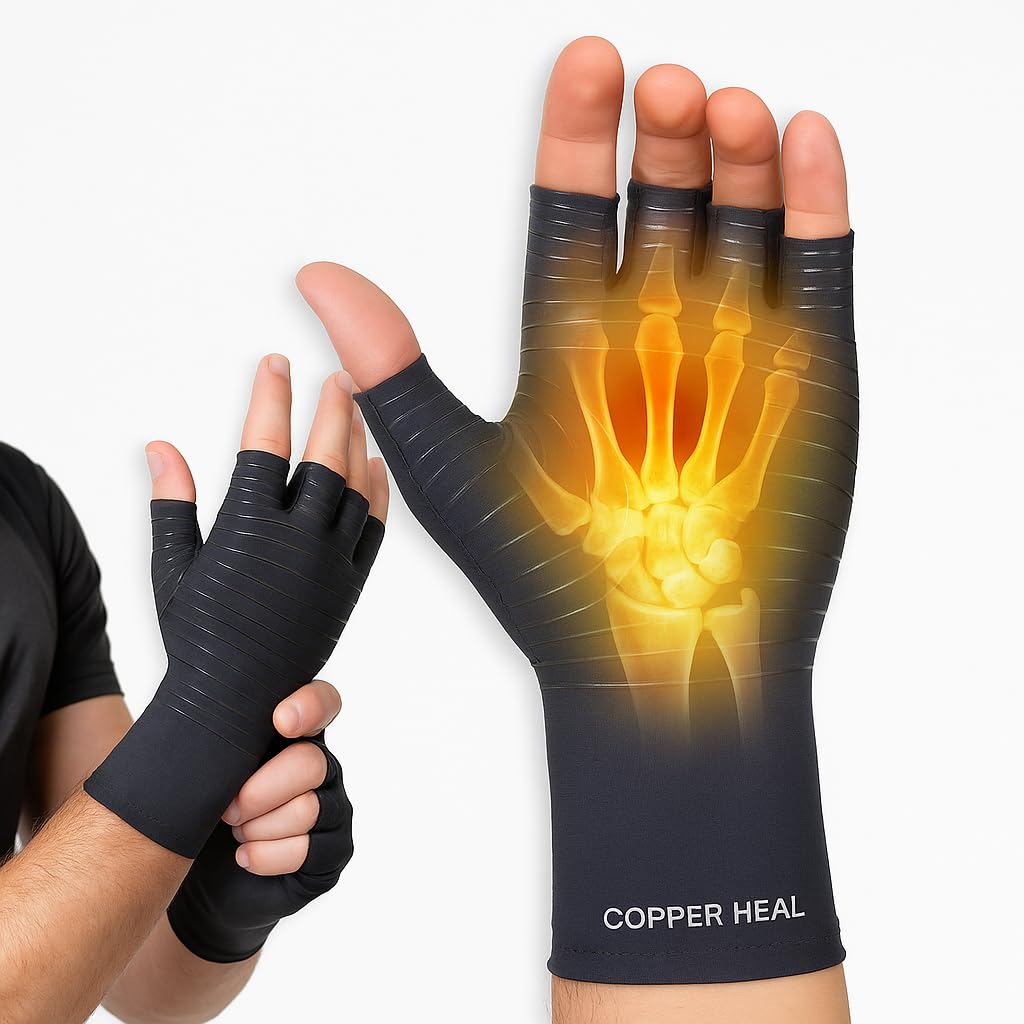 COPPER HEAL Arthritis Gloves Women & Men Pair - Highest Copper Infused Fingerless Compression Gloves Hand Warmers Wrist Supports Rheumatoid Arthritis Pain Relief carpal tunnel wrist splint glove golf