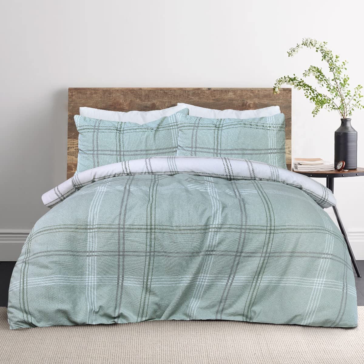 Sleepdown Waffle Green Check Reversible Duvet Cover Quilt Pillow Cases Bedding Set Soft Easy Care - King (230cm x 220cm)
