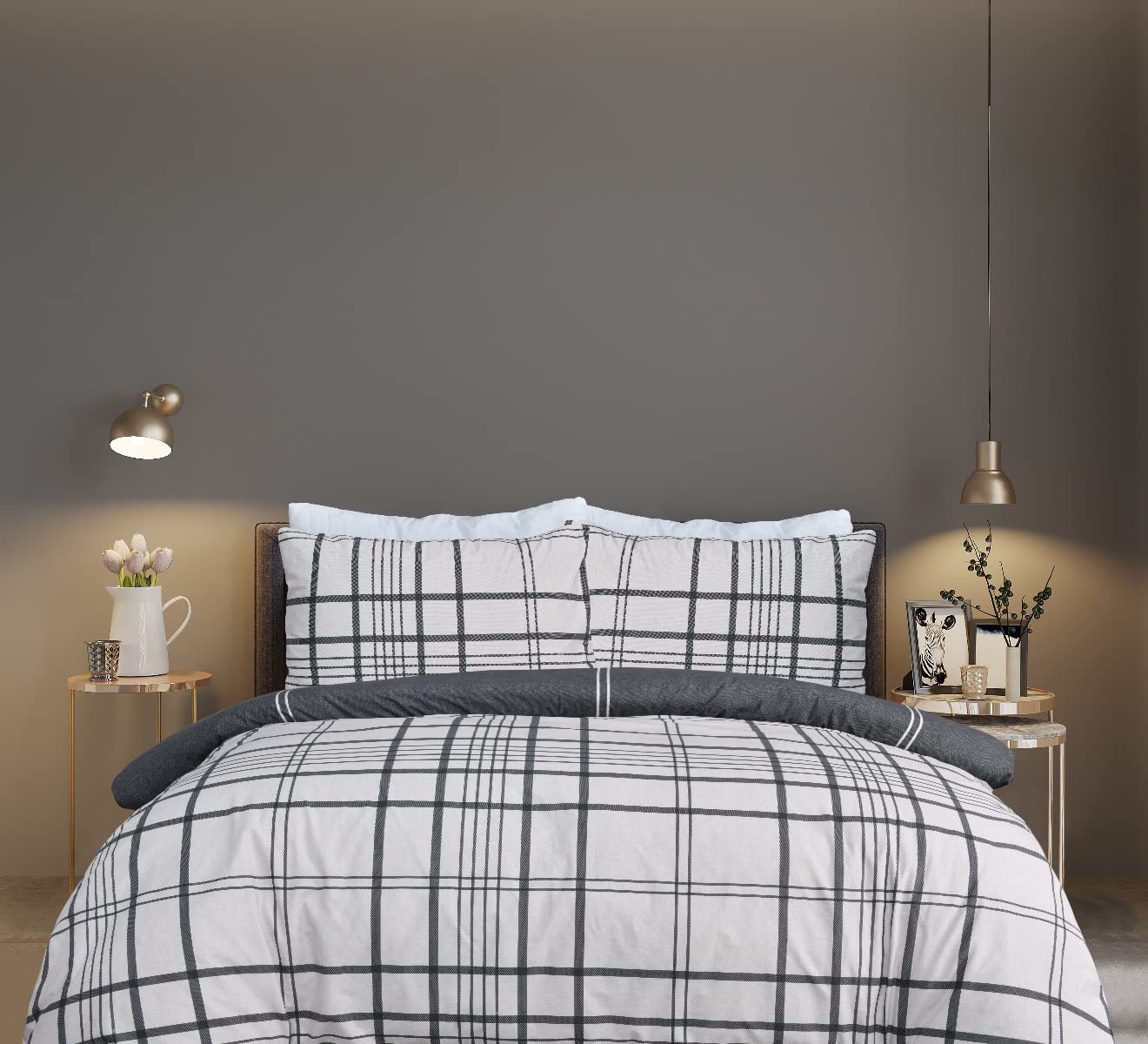 Sleepdown 100% Pure Cotton Check Natural Black Reversible Duvet Cover Quilt Pillow Cases Bedding Set Soft Easy Care - Super King (220cm x 260cm)