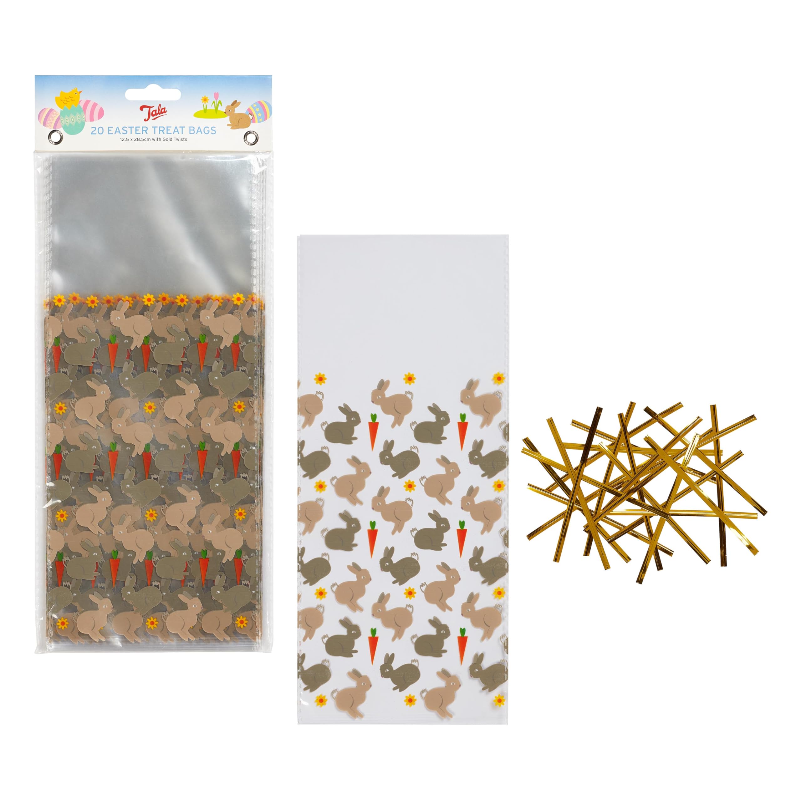 Tala 20 Easter Bunny Treat Bags, Each bag measures 12.5 x 28.5cm with Gold Bag Twists includes, Perfect for Easter themed Sweets, Biscuits and Party Favours