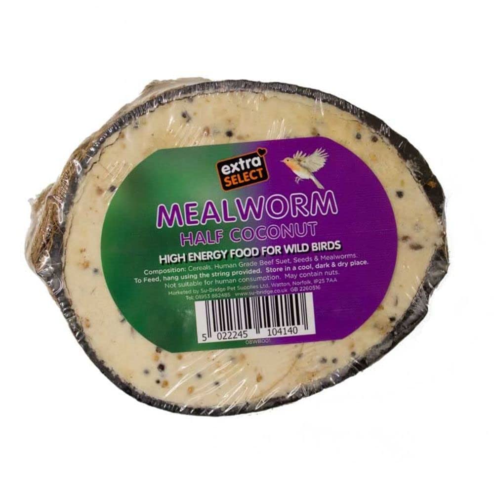 Extra Select Half Filled Mealworm Coconuts Suet Feeders 10 Pack - High Energy Wild Bird Food - Easy Hang