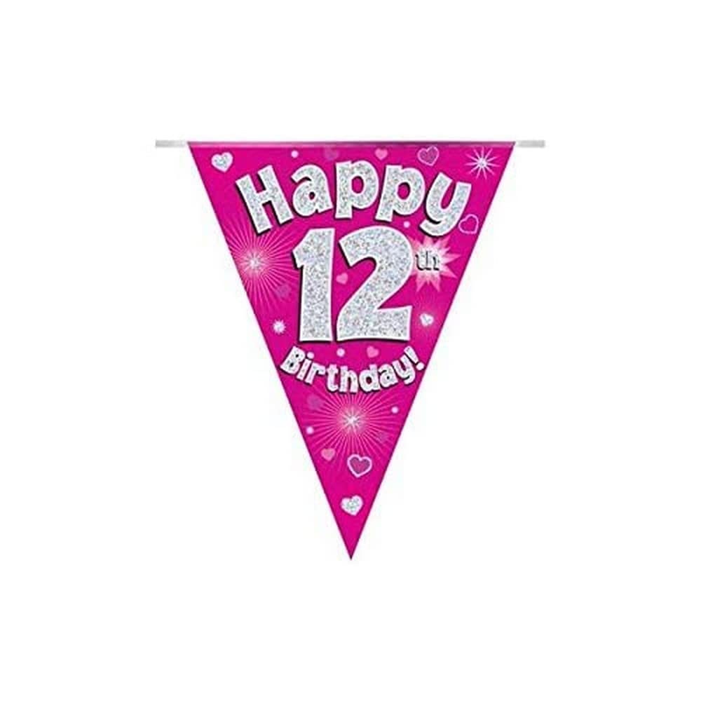 Party Bunting Happy 12th Birthday Pink Holographic 11 flags 3.9m