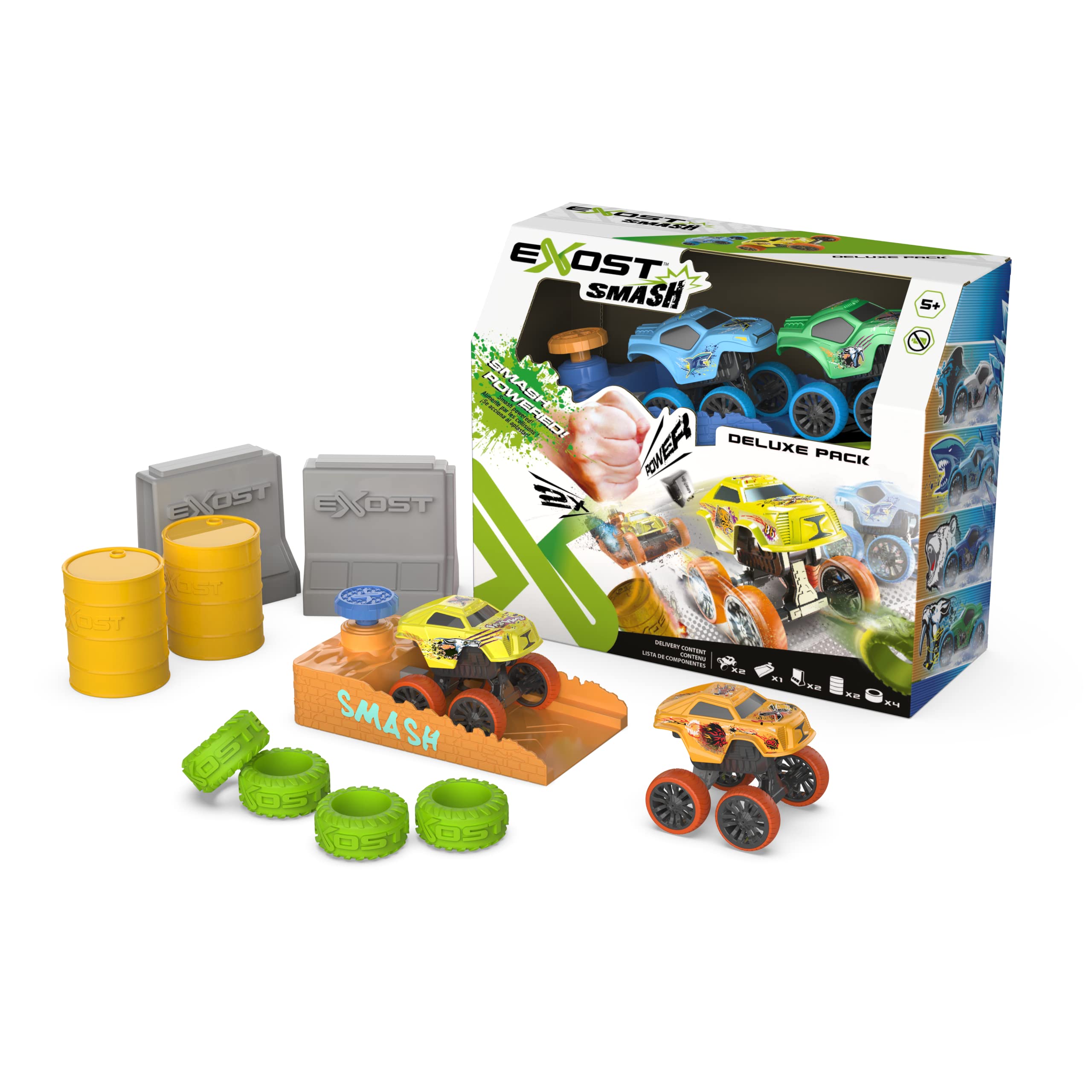 Exost Smash and Go Deluxe Collectable Car Racing Set, Friction Powered with Press to Release, Pack of 2 Mini Cars and 8 Accessories with Launcher, Gift for Boys and Girls