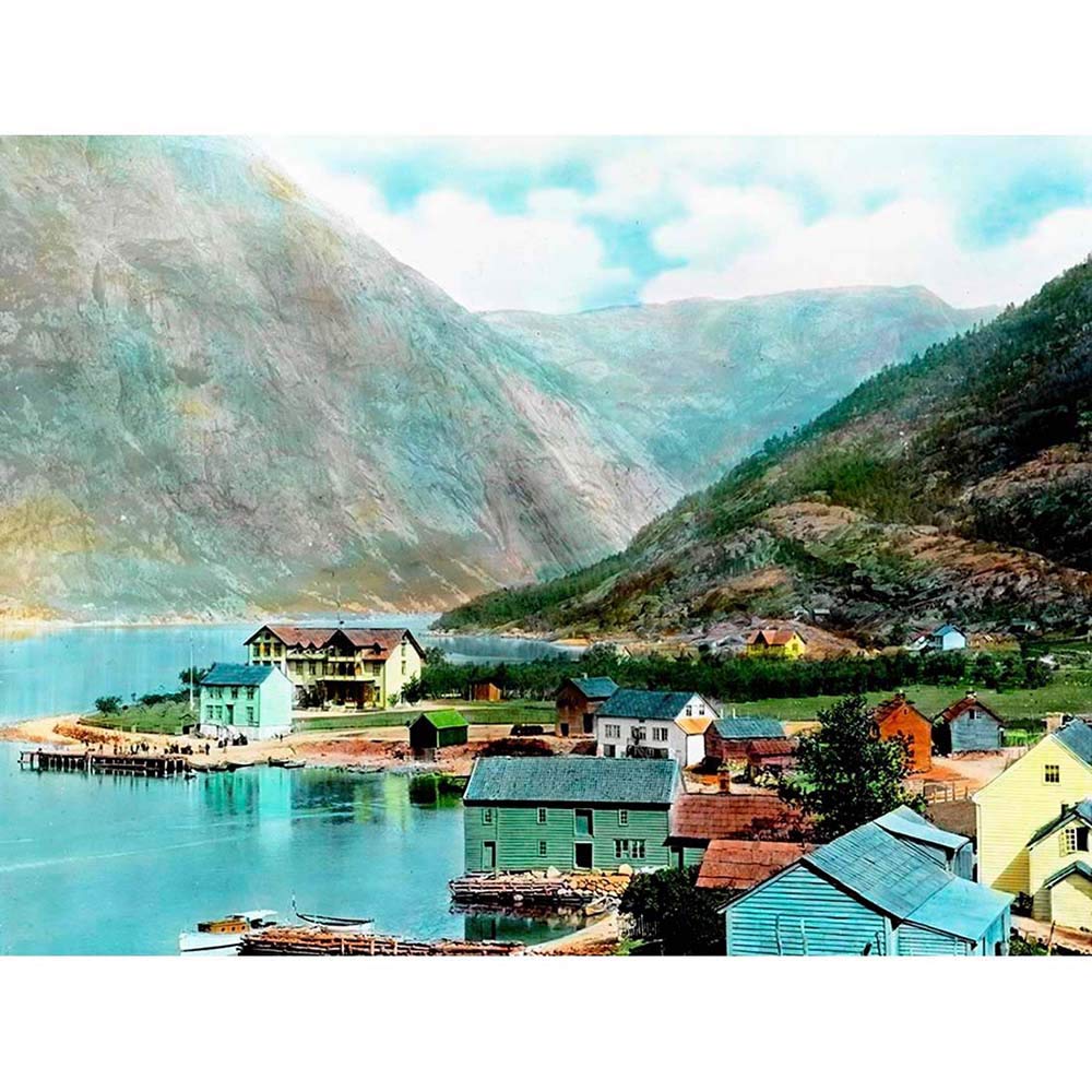 Wee Blue Coo Vintage Photography Colour Tint Eidfjord Norway Scenic Village Fjord Art Print Poster Wall Decor 12X16 Inch