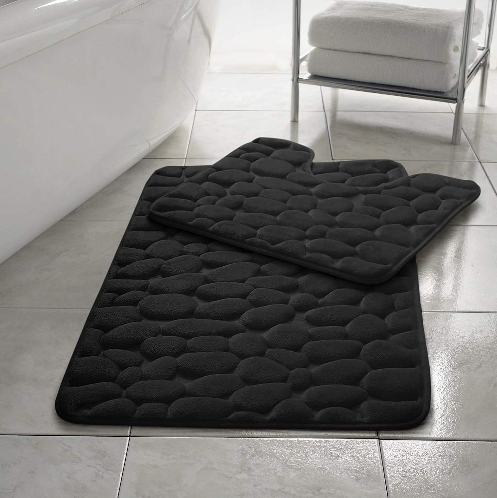 NIGHTZONE Pebble Stone Bath Mat Set - Non Slip Pedestal, Extra Absorbent 100% Memory Foam Bathroom Toilet Rug (Black)