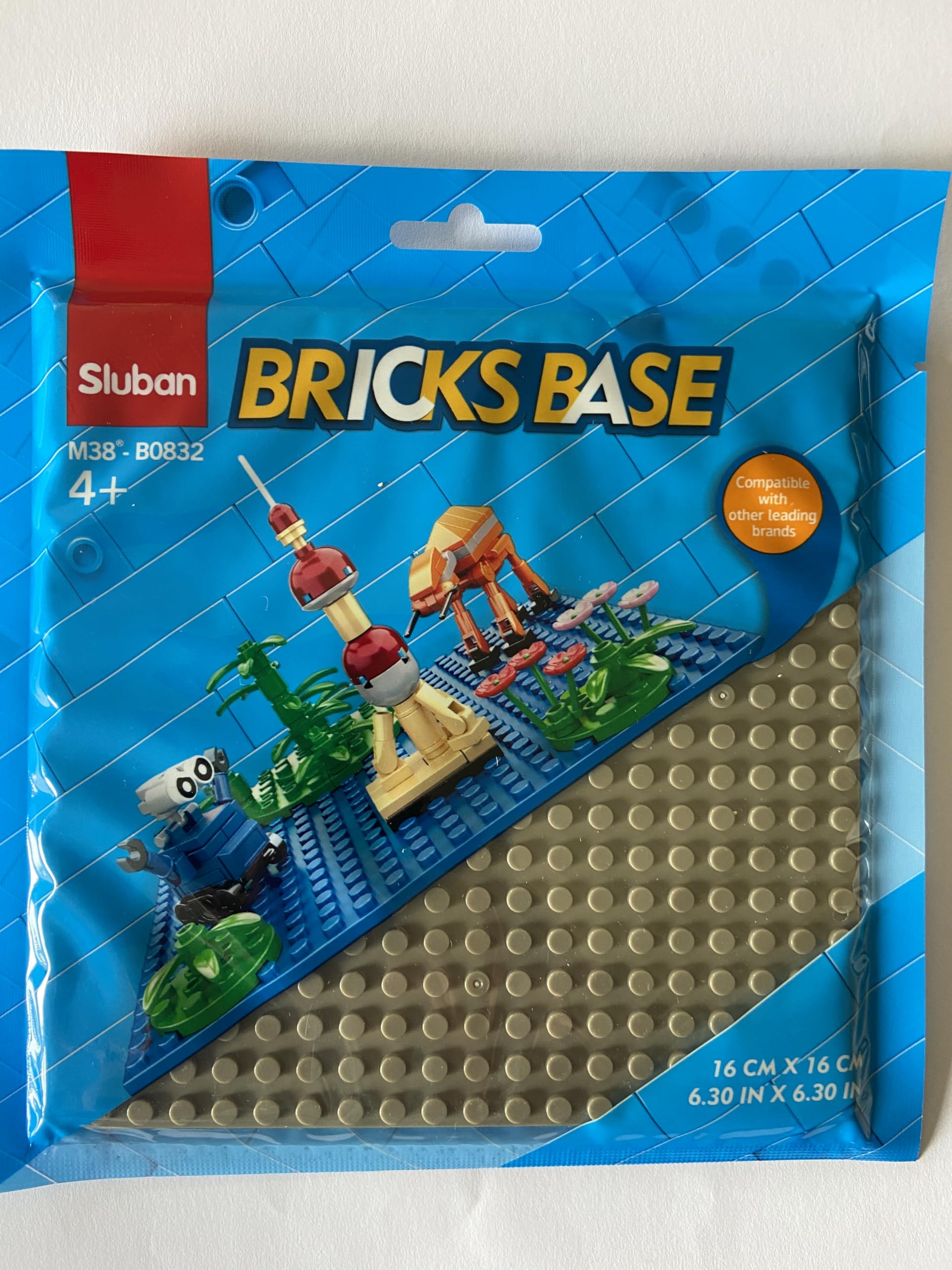 Bricks Base, Stuban Building Base Plate, Grey Construction Base Board, 16 cm x 16 cm, M38-B0832-D