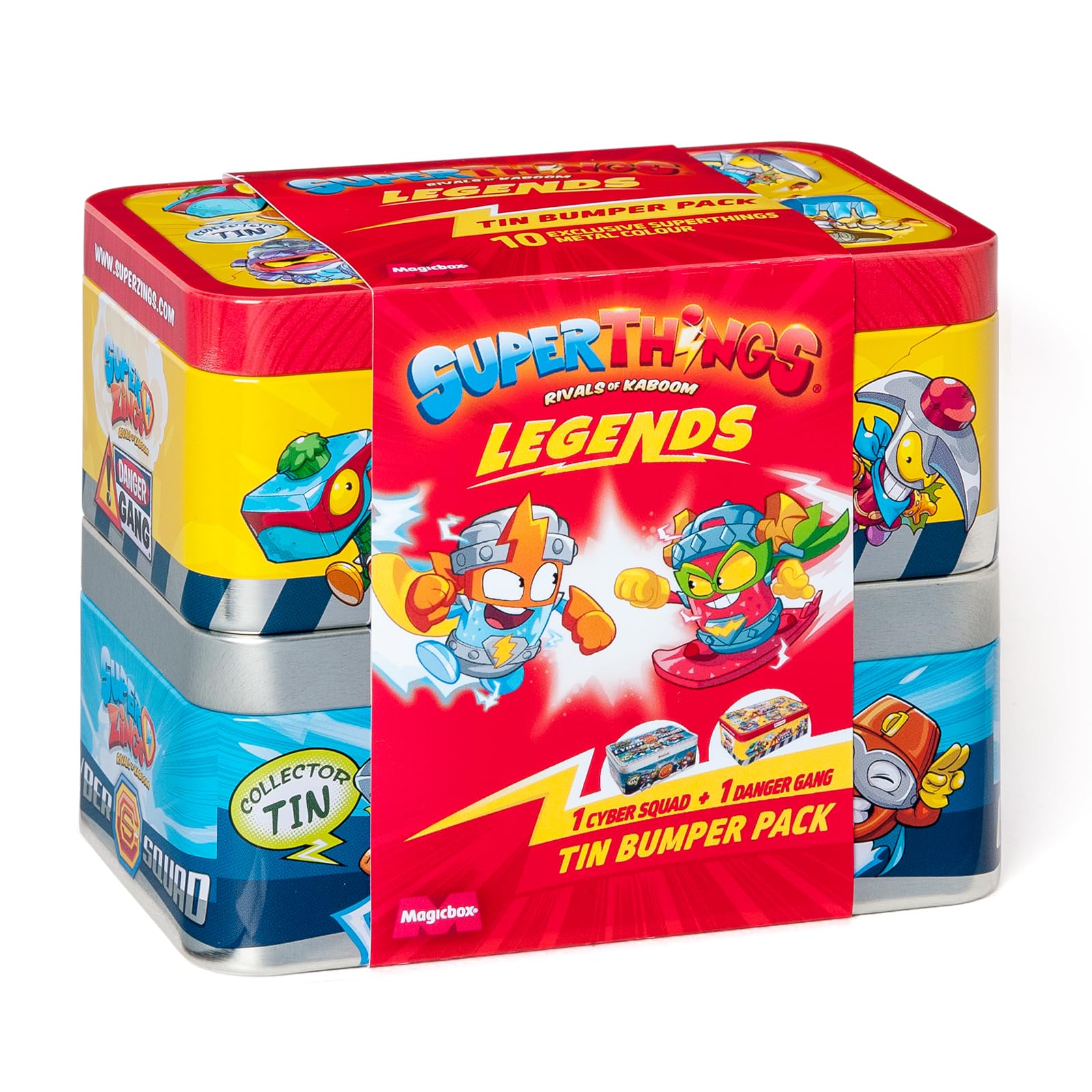 Superthings Legends Tin Bumper Pack with Two Tins, Random Models, Cyber Squad and Danger Gang or Team Terrible and Danger Gang. Each Tin Contains 5 Exclusive Metallic SuperThings