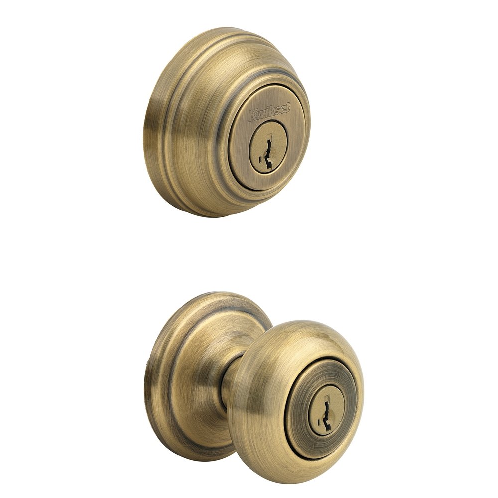 Kwikset Juno Keyed Entry Door Knob and Single Cylinder Deadbolt Combo Pack with Microban Antimicrobial Protection Featuring SmartKey Security in Antique Brass, 99910-033