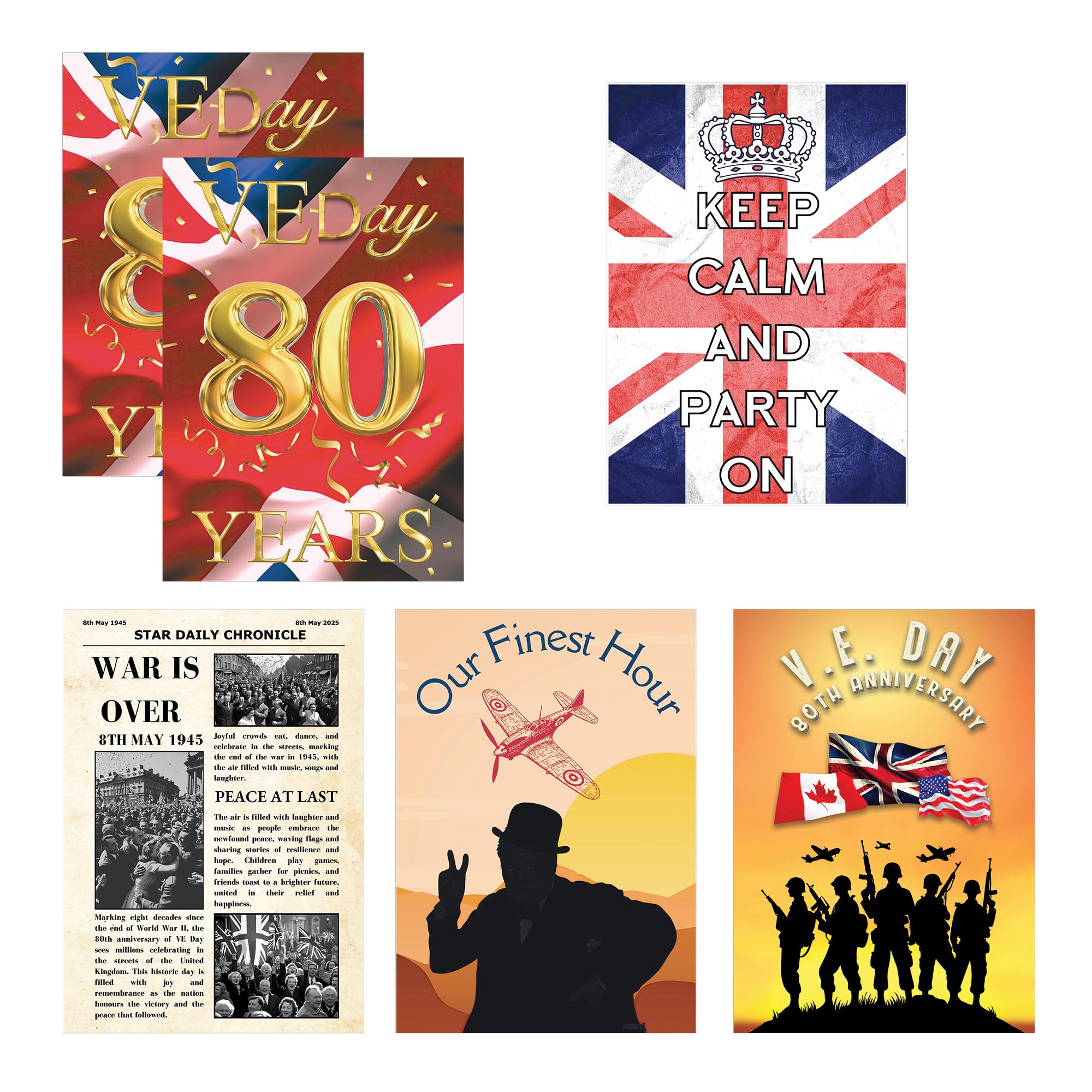 Star Cutouts RD080 VE Day 80 Year Celebration Posters – Mixed 6 Pack Cardboard Cut Out Height 44cm - Ideal for British Theme, Parties, National Celebrations & VE Day Decorations