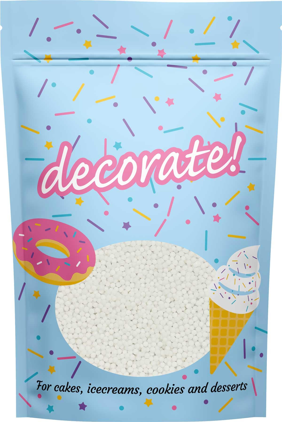 decorate! - Pearls - 4mm - Pure White Christmas Cake Topper Sprinkles - 500g Edible Matt Cupcake Decorations - Party Sprinkles, Ideal For Christmas Themed Cakes and Bakes