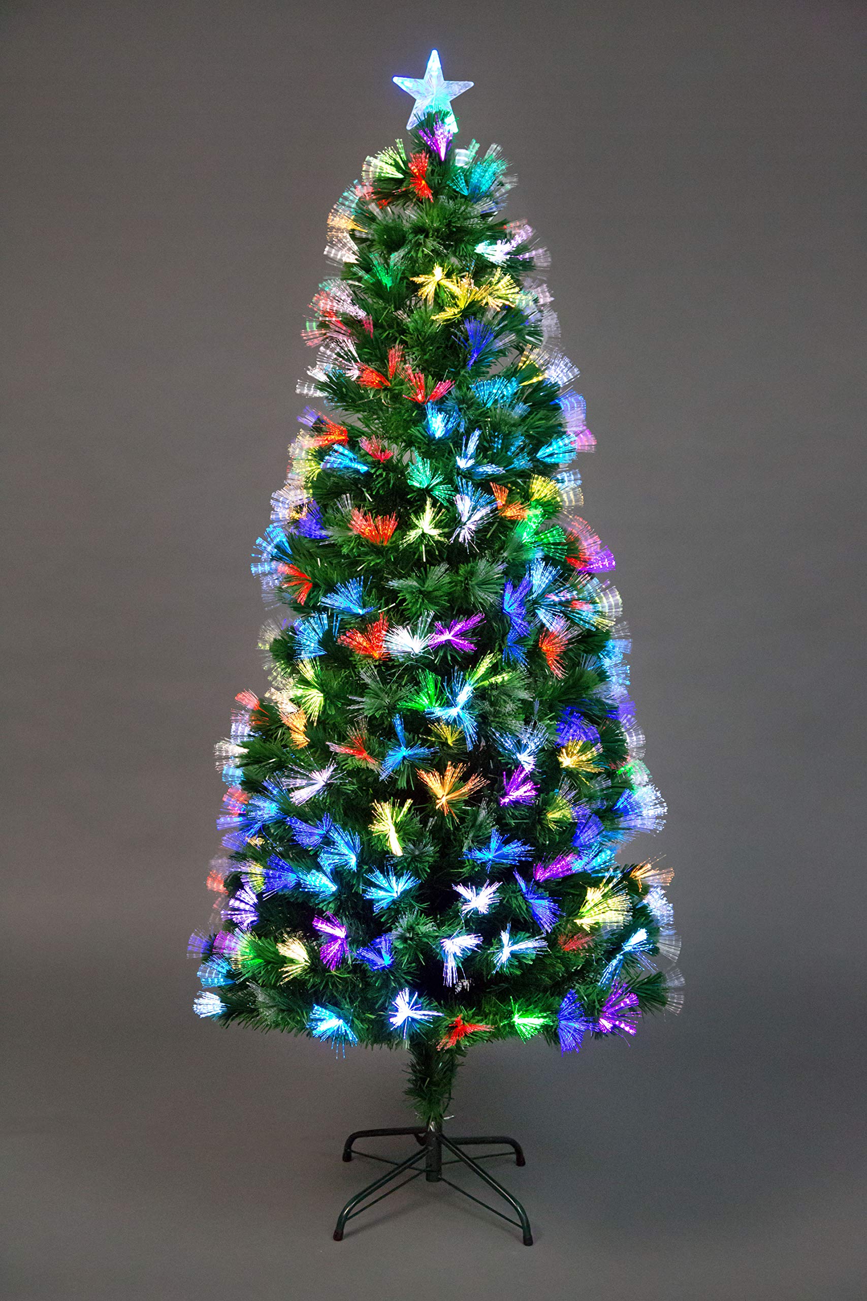 SHATCHI 5Ft/150cm Fibre Optic Christmas Star Topper-Firework Flower Effect-Pre-Lit Green Artificial Xmas Tree-Multicolor Changing Lights, PVC, 150 cm