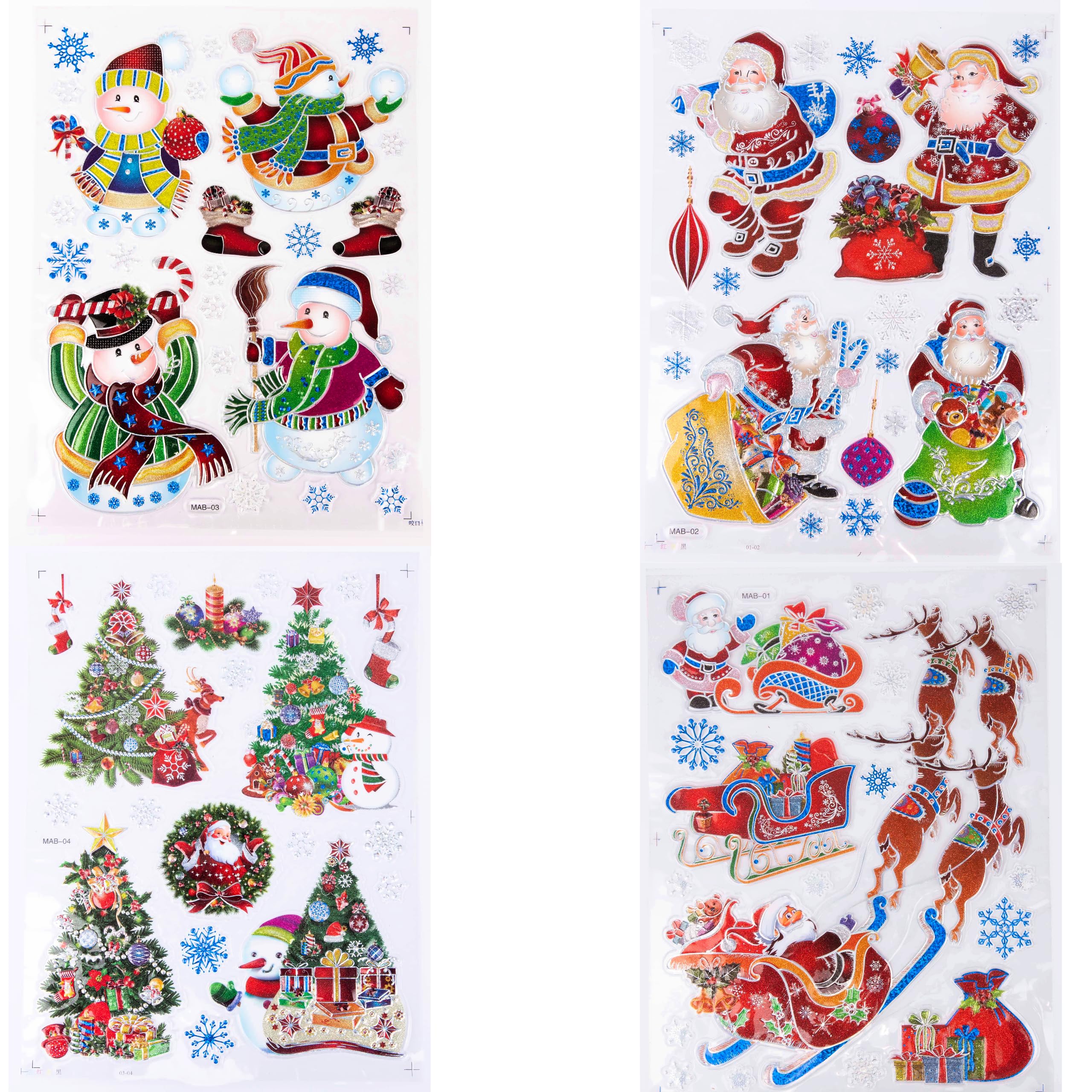 3D Christmas Window Stickers Colourful - 4 Assorted Sheets Christmas Window Decorations Clings Reusable Glass Snowflakes Sticker Christmas Scene, PVC Static Xmas Window Display Decals