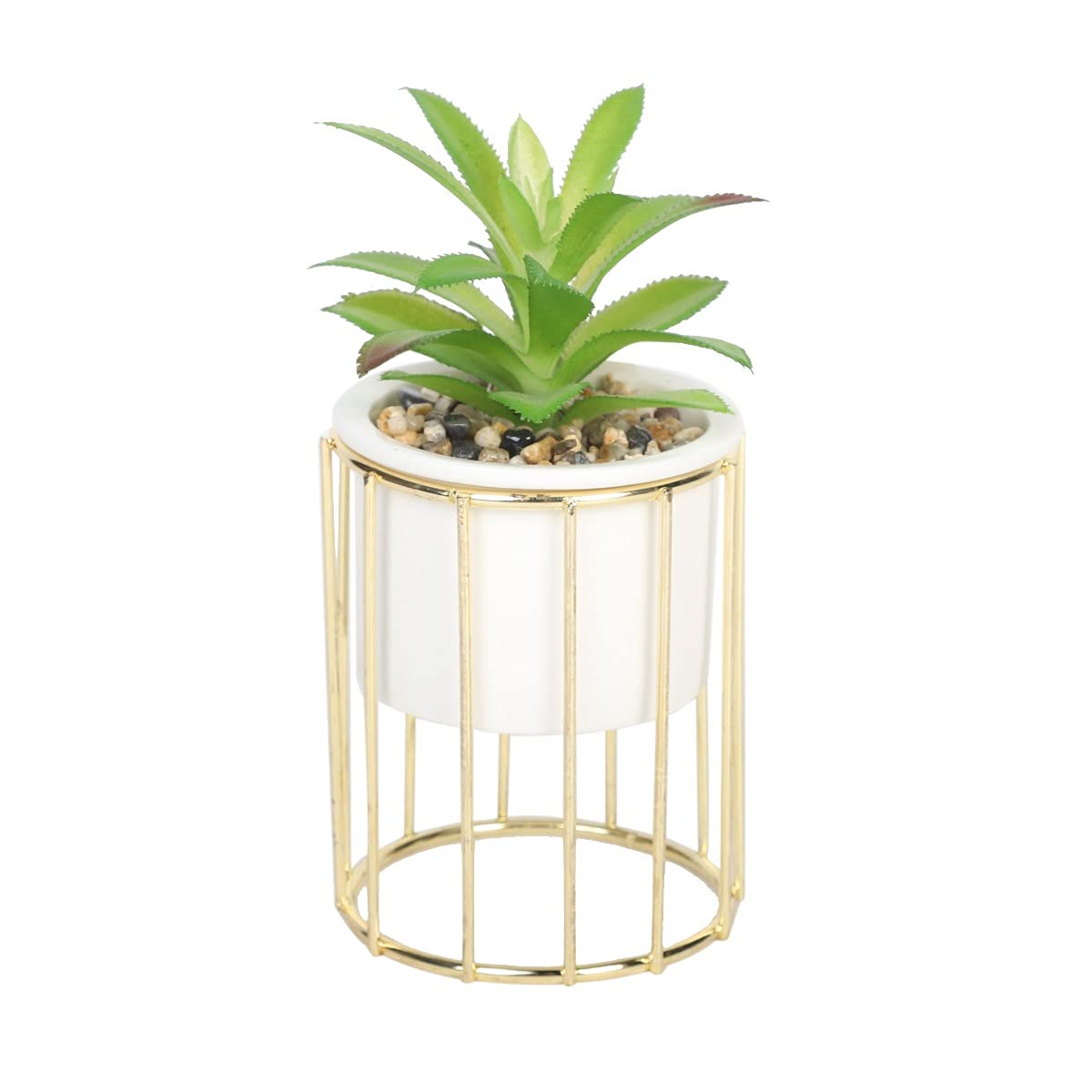 Sleepdown Halo Green Leaf Gold Cage Stand Artificial Faux Plant for Home Office Bathroom Decor Indoor Decoration Aesthetics, Small