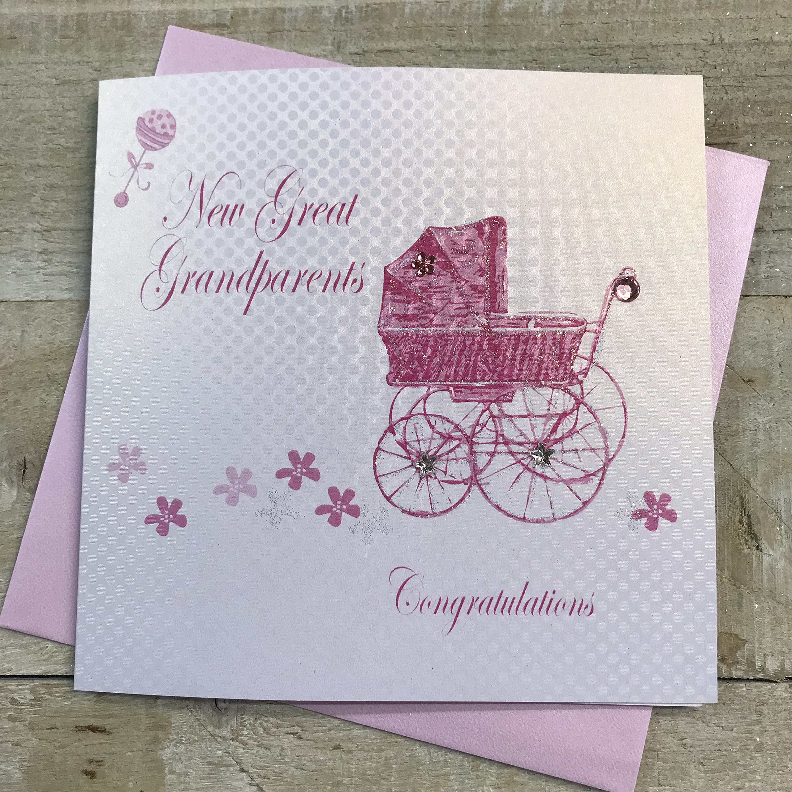 WHITE COTTON CARDS Grandparents Congratulations, Pink Pram Handmade New Baby Girl Card, BD187G