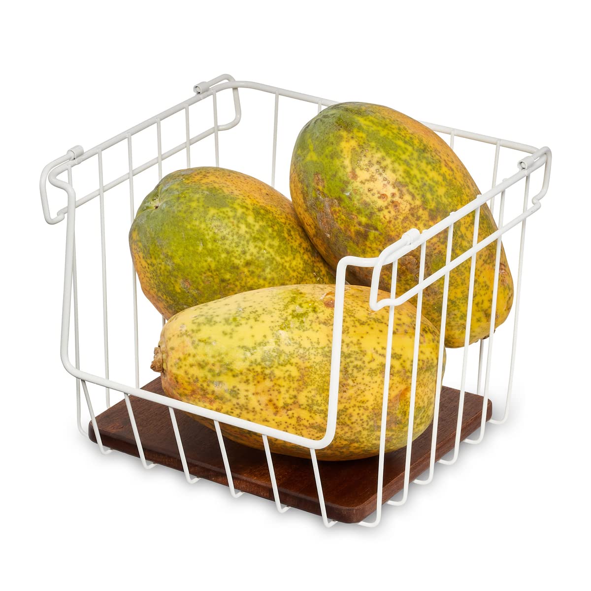 iDesign 95391EU The Ría Safford Collection Wire Basket, Open Front Cupboard Made from Metal and Acacia Wood, Kitchen Storage and Organisation, White and Natural, 18/10 Steel