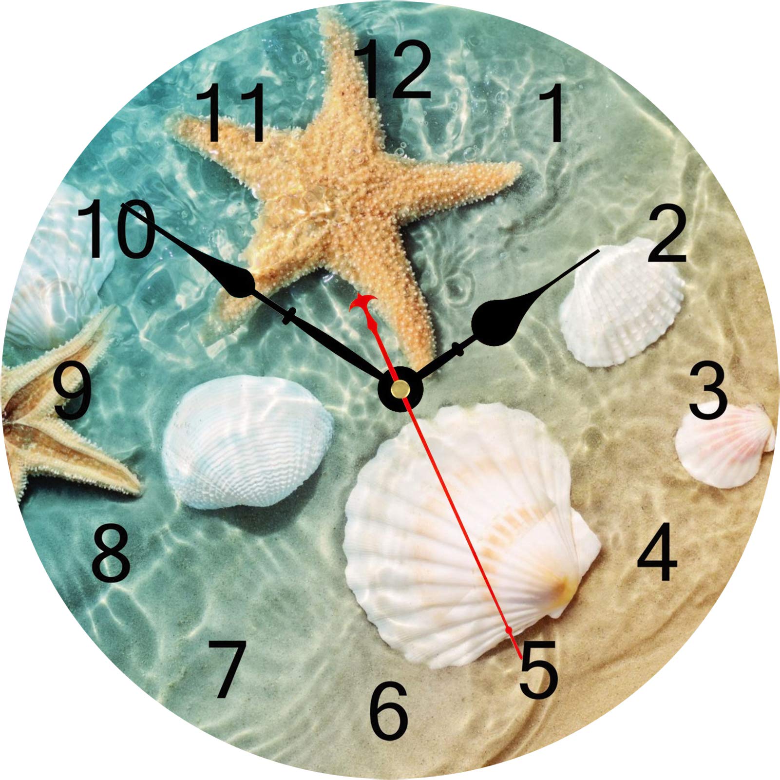 TAHEAT Seashell Starfish Wall Clock, Accurate Decorative Clocks, Silent Non Ticking Easy to Read Wall Clock for Bedroom/Living Room/Kitchen, 8 Inch