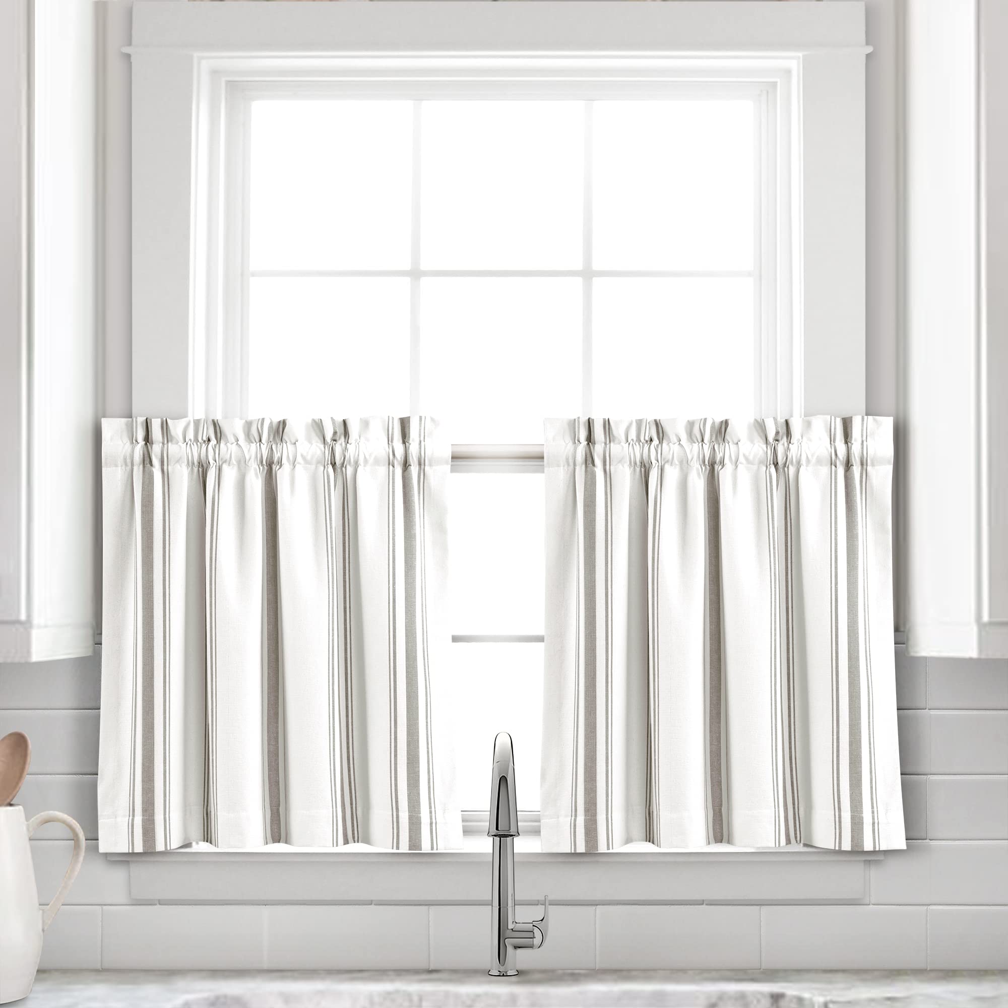 Lush Decor Farmhouse Stripe Yarn Dyed Recycled Cotton Window Curtain Kitchen Tiers, 29" L x 24" W, Gray