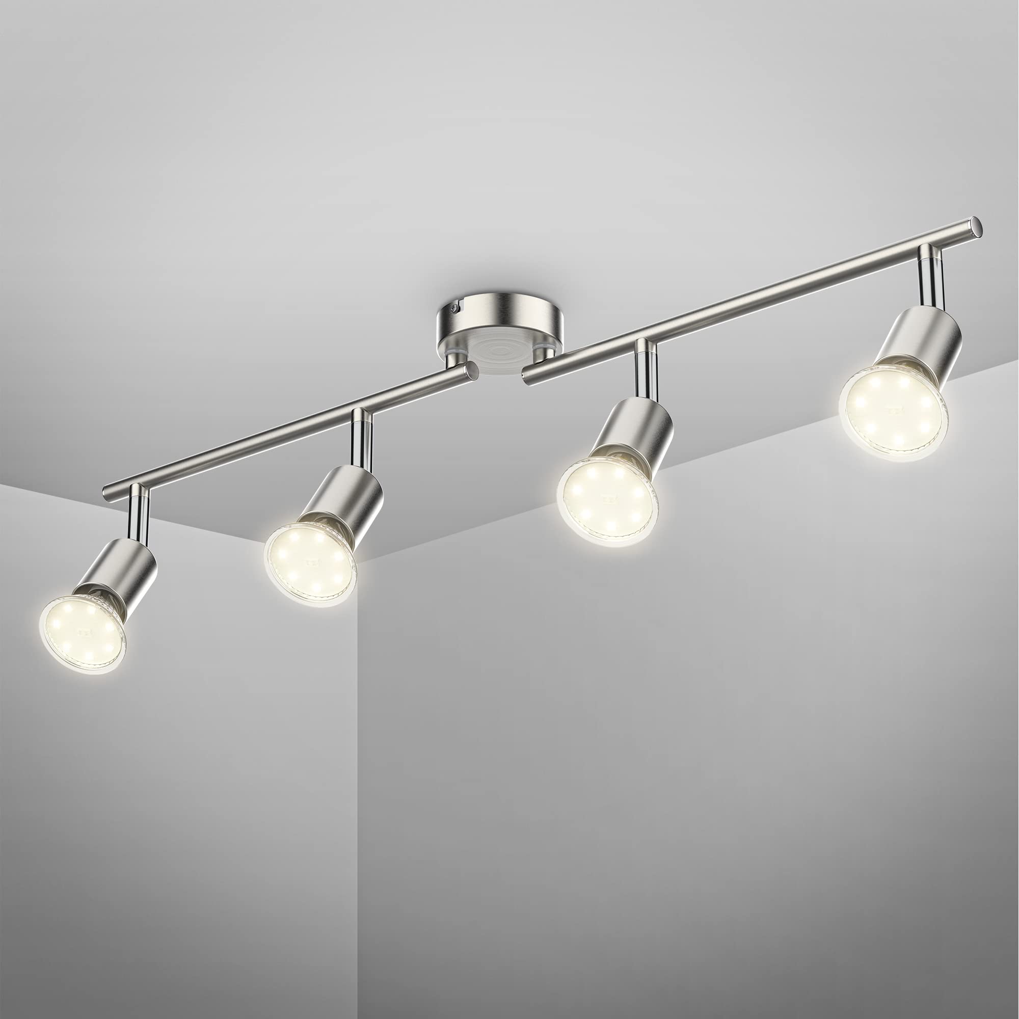B.K.Licht - LED Ceiling Lights Spotlight Bar, 4x2,9W GU10 Bulbs Incl, Rotatable Heads, Warm White Light, LED Lamp, Livingroom Ceiling Lights, Bedroom, Kitchen Ceiling Light, 60.5x10.5cm, Matt Nickel