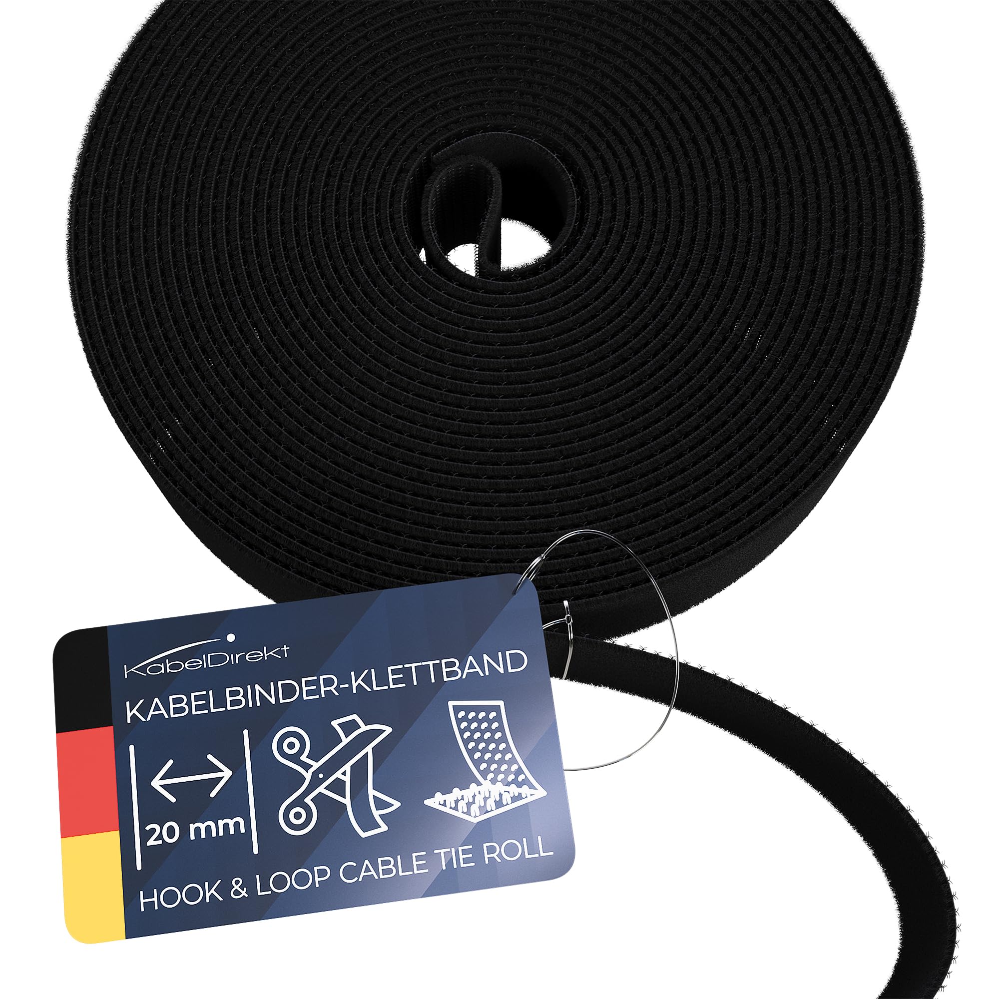 KabelDirekt – Hook and Loop Cable Ties – 10 m × 20 mm – Environmentally Friendly Cable tie roll, Individually cuttable & Reusable (Cable Protecting – Black)
