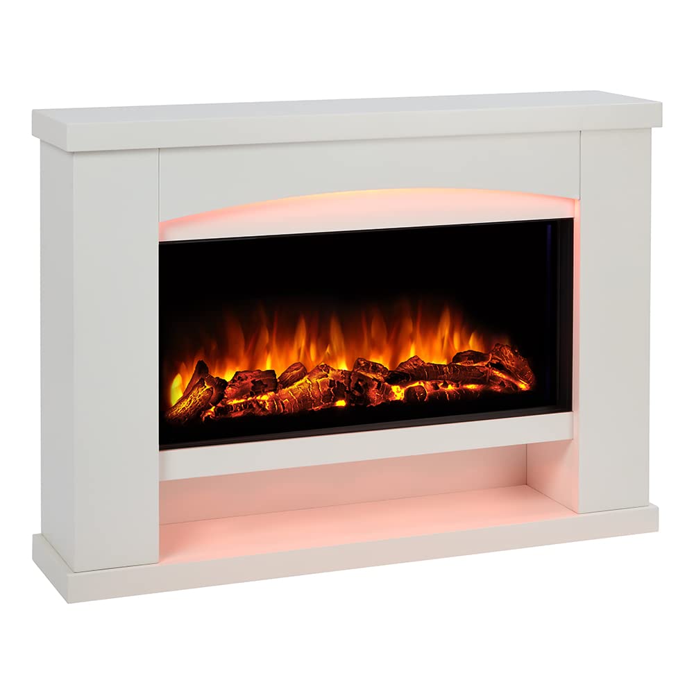 Endeavour Fires Duggleby 48" Electric Fireplace Suite with Realistic Flame & Log Effect Fire, 13-Colour LED Lighting, Remote Control, Off-White Surround & Hearth