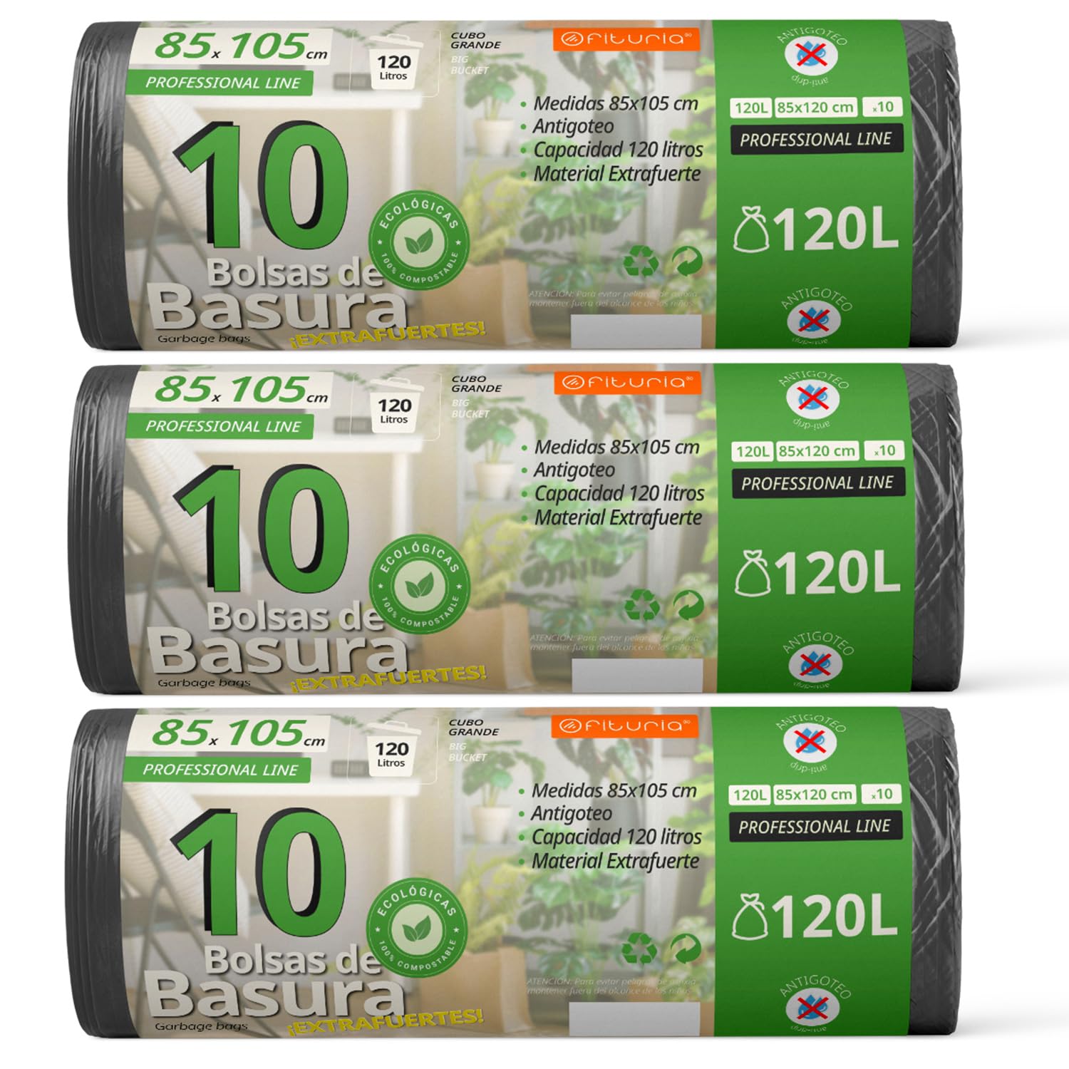 Waste Bags, Trash Bags 120L, Durable, 100% Recycled and Recyclable Material, Leakproof, Plastic Bags, Suitable for All Types of Waste, 85 x 105 cm – Ophituria (30 Bags, 120L)