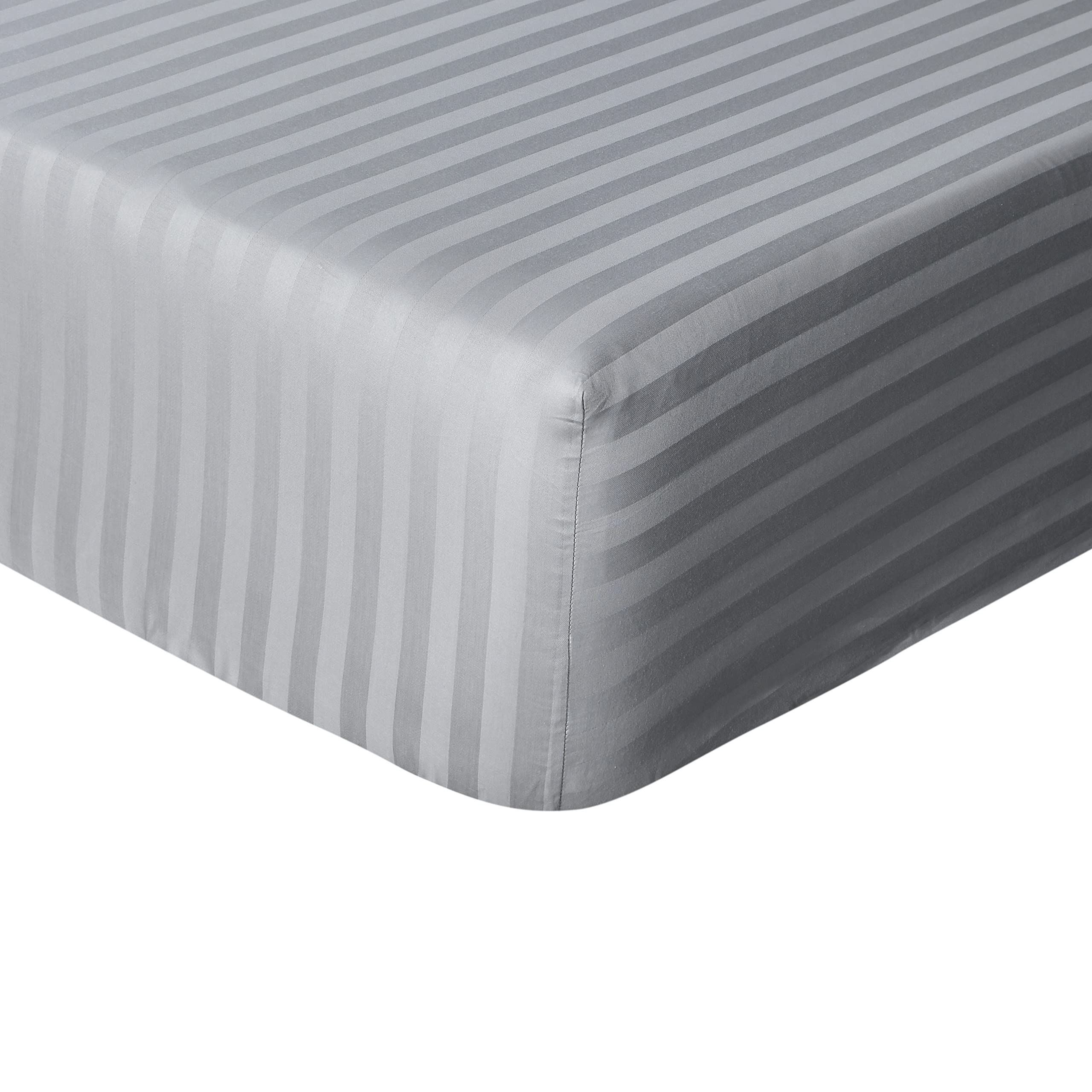 Sleepdown Hotel Quality Fitted Sheet 100% Cotton Satin Stripe Warm Cosy Breathable Super Soft Bedsheet Bed Linen Easy Care 32cm Extra Deep Pockets - Grey - King (5056557514052)