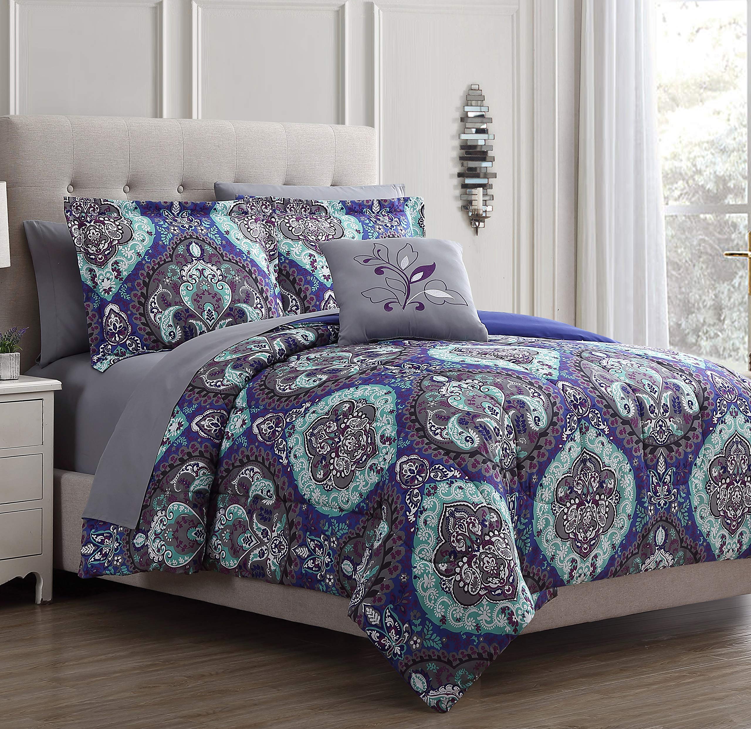 Modern Threads Cathedral 8-Piece Printed Reversible Bed In A Bag, Full, Purple/Grey/Teal