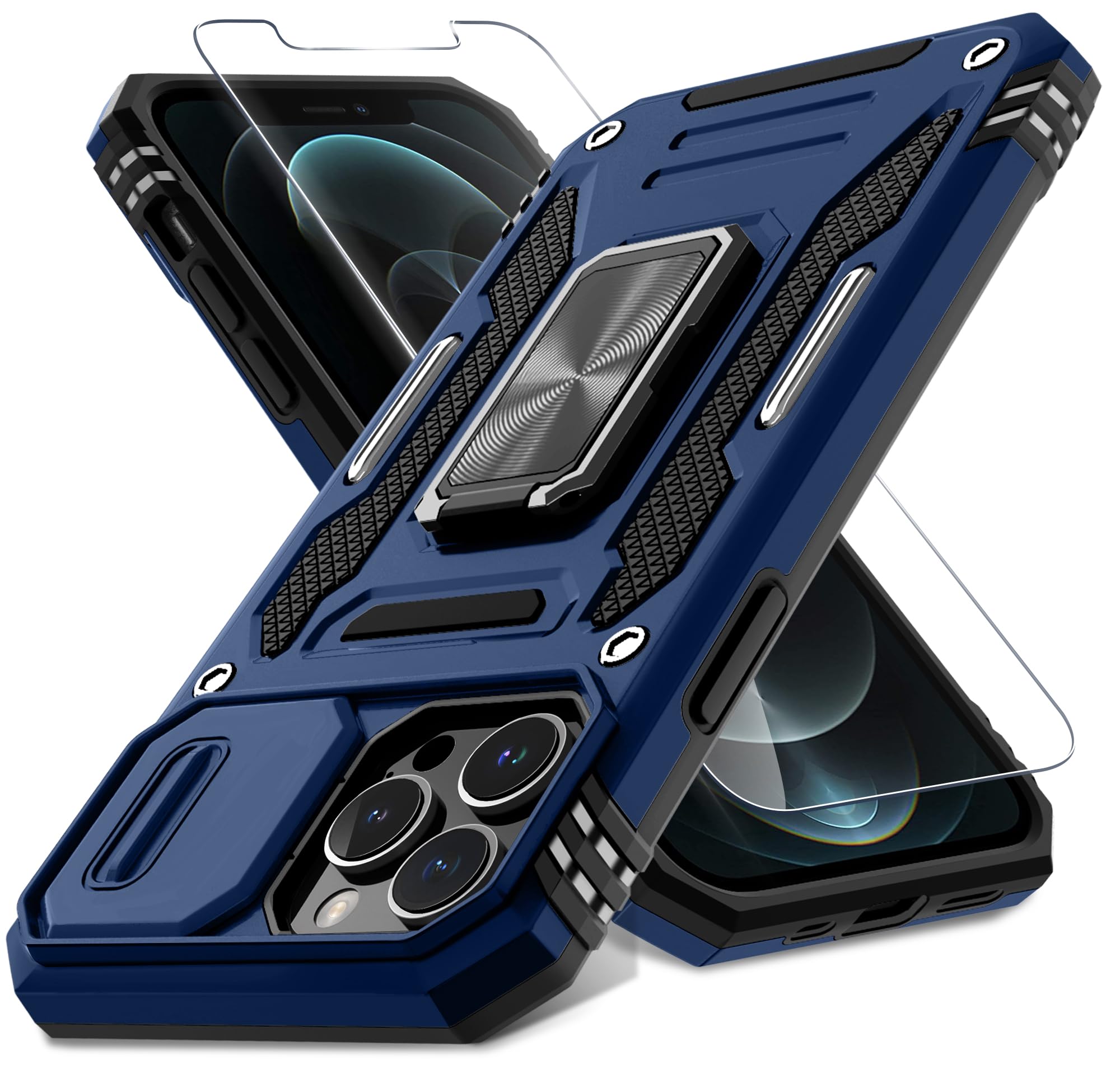 DEERLAMN Case for iPhone 13 Pro Max with Slide Camera Cover+Screen Protector(1 Pack),Rotated Ring Kickstand Military Grade Shockproof Protective Cover 6.7 Inch-Navy Blue