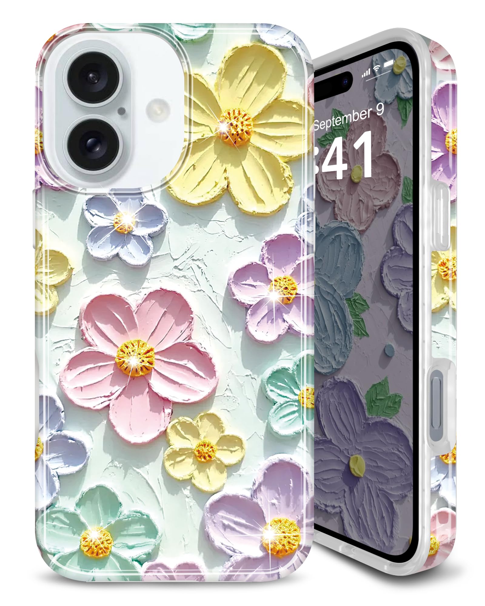 JIAXIUFEN Case for iPhone 16 Plus 6.7" Sparkle Glitter Retro Oil Painting Flower Design Slim Shockproof Protective TPU Cover Phone Case 2024 Mint Colorful