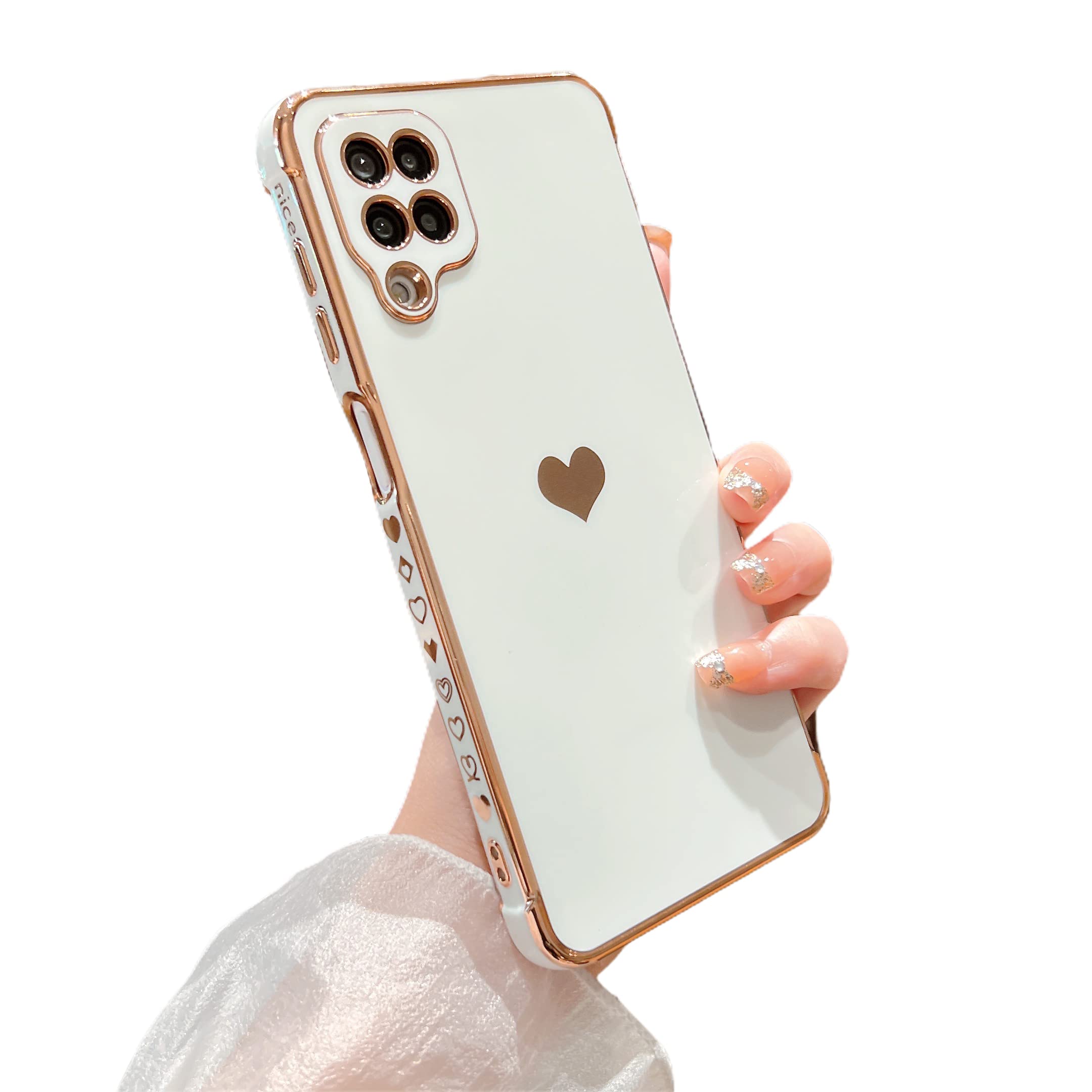 phylla Compatible with Samsung Galaxy A12 6.5” Phone Case, Cute Love Heart Gold Plating Edge Luxury Elegant Case for Women Camera Protector Soft Silicone Shockproof Protective Cover-White