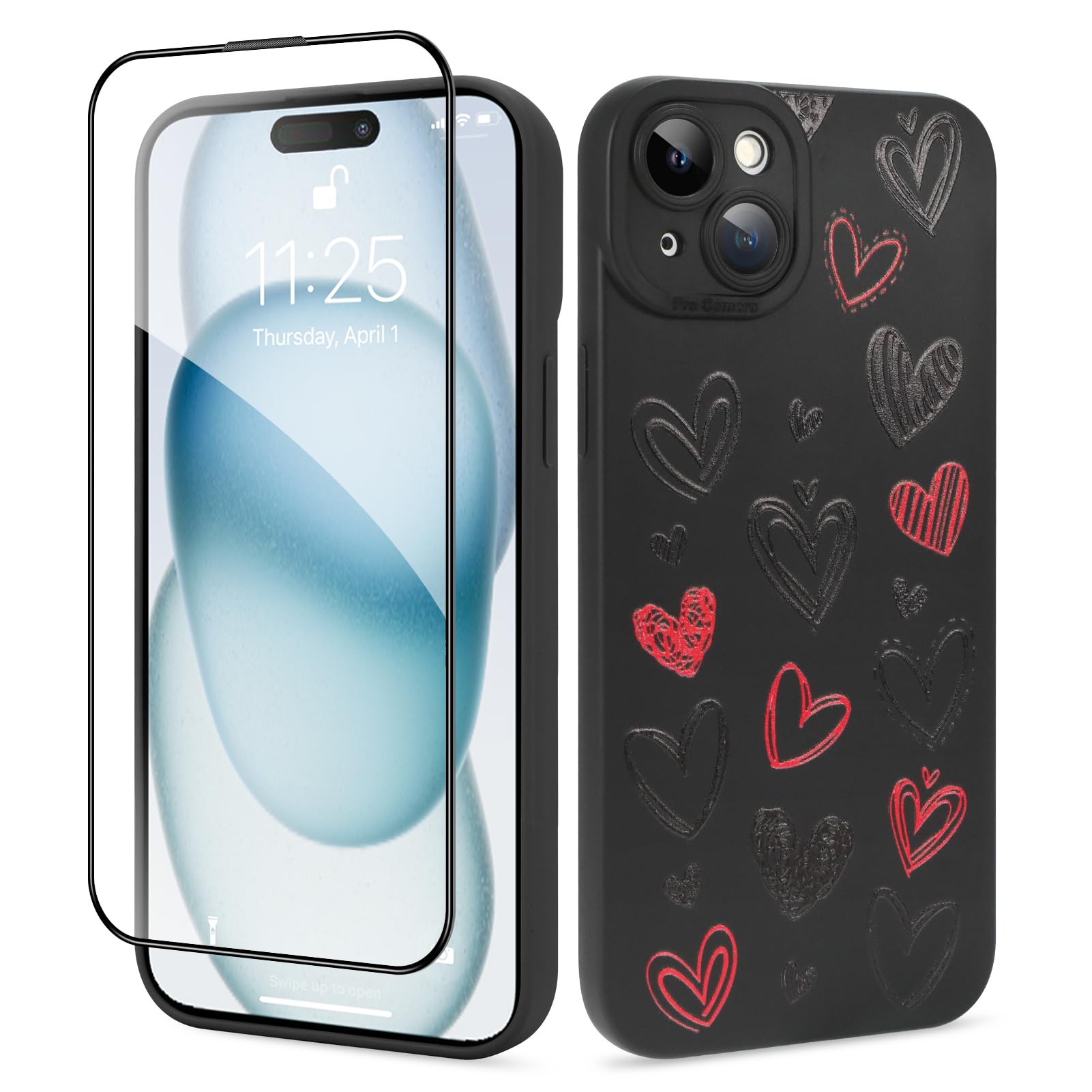 Gukalong Silicone Case for iPhone 15 Plus 6.7 Inch Heart Design Phone Cover with Screen Protector Soft TPU Heavy Duty Shockproof Protective Anti-Scratch Cute Case for Women - Black