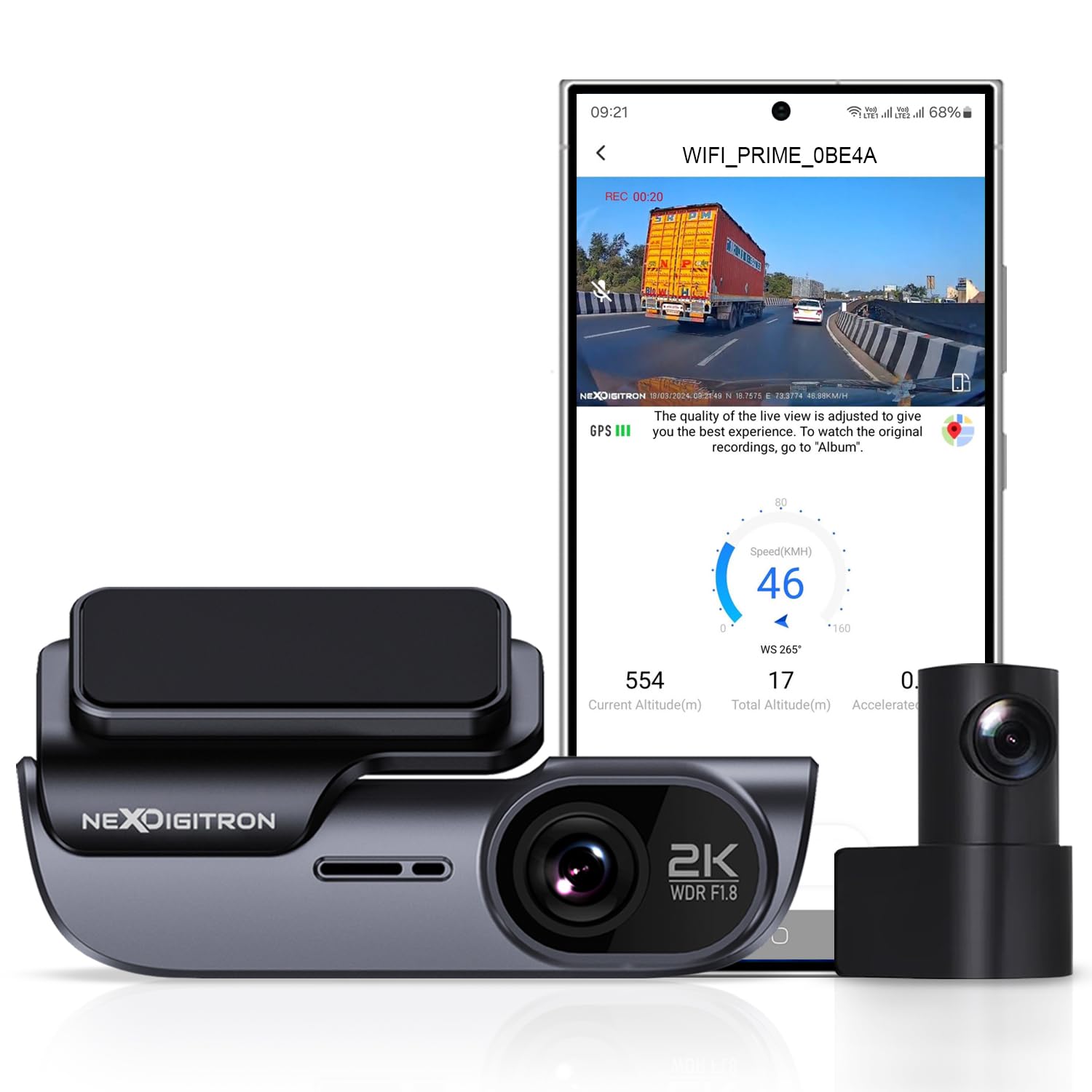 NEXDIGITRON PRIME Dual Channel Dash Camera with GPS Logger, 2K+ Front & Full HD Rear, F1.8 Aperture, 6G Lens, 140° Wide Angle, G-Sensor, WiFi, Optional Parking Mode with OBD2 kit, Upto 128GB Supported