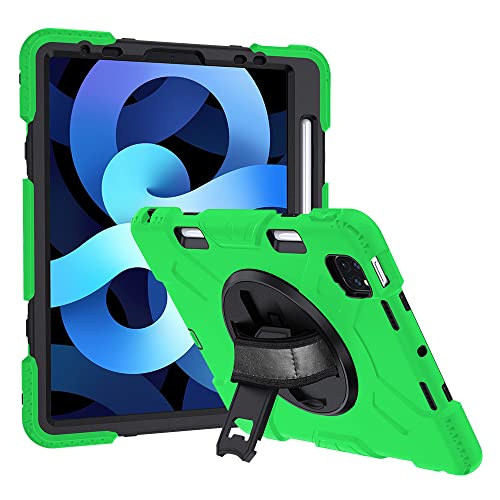 iPad Air 4/5 10.9 Inch Case, Rugged 360 Degree Rotating Kickstand Case with Adjustable Hand Strap & Pen Holder - Grass Green+Black