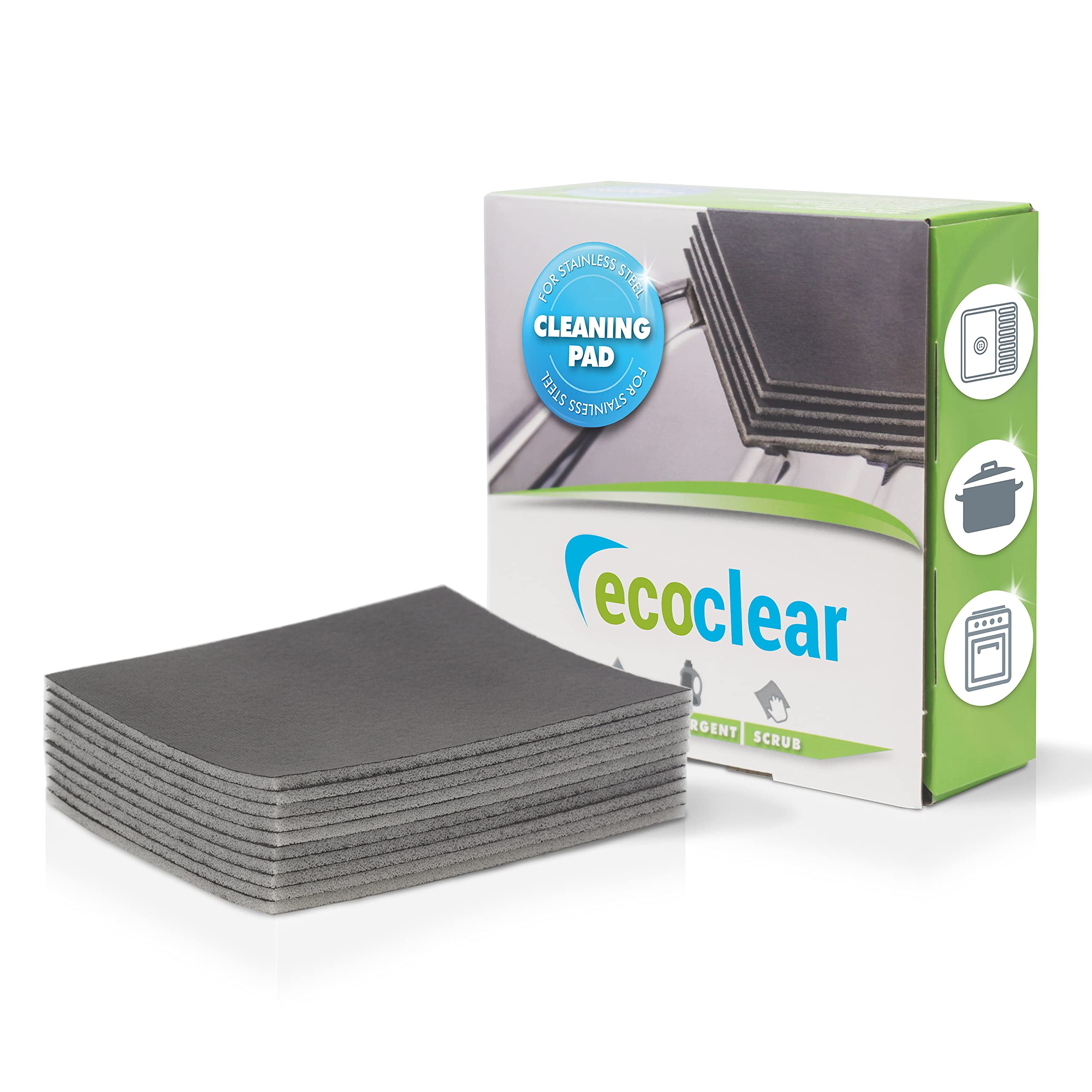EcoClear cleaning sponge for shiny stainless steel surfaces, 10 pieces, Professional and thorough stainless steel cleaner, Antibacterial cleaning, Pot cleaner, Reusable