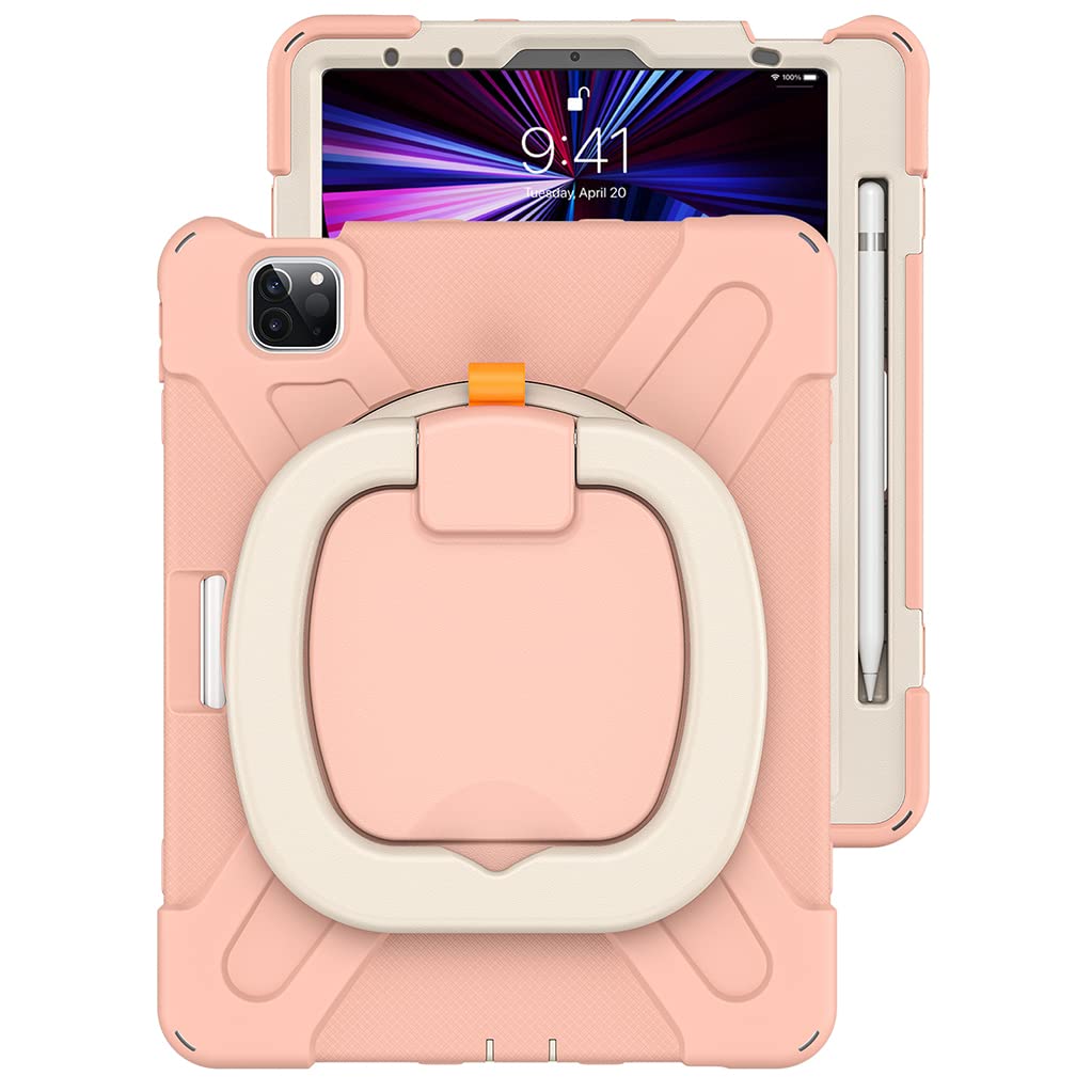 Silicone Case for iPad Pro 11 (2018/2020/2021/2022) and Air 4/5 10.9 Inch Fully Protective Drop-Proof Case with Ring Stand and Pen Slot, Rose Gold