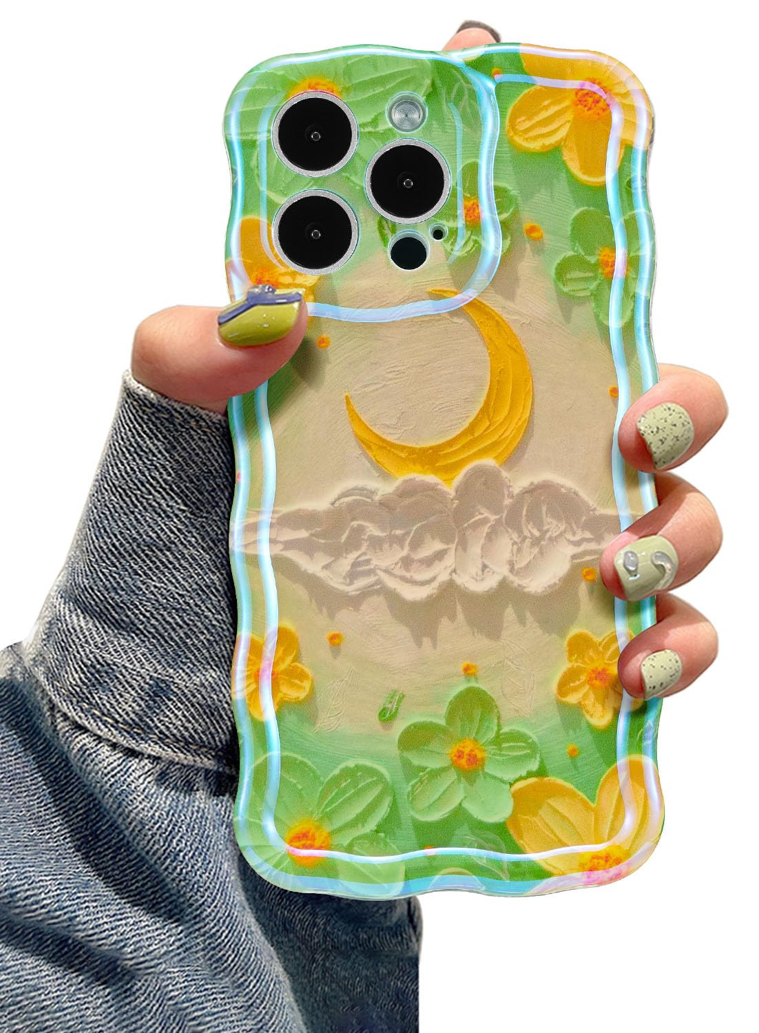 EYZUTAK Case for iPhone 13 Pro Max, Colorful Retro Oil Painting Flower Moon Pattern Laser Cute Curly Wave Edge Exquisite Phone Cover Stylish Durable TPU Protective Case for Girls Women - Moon/Green
