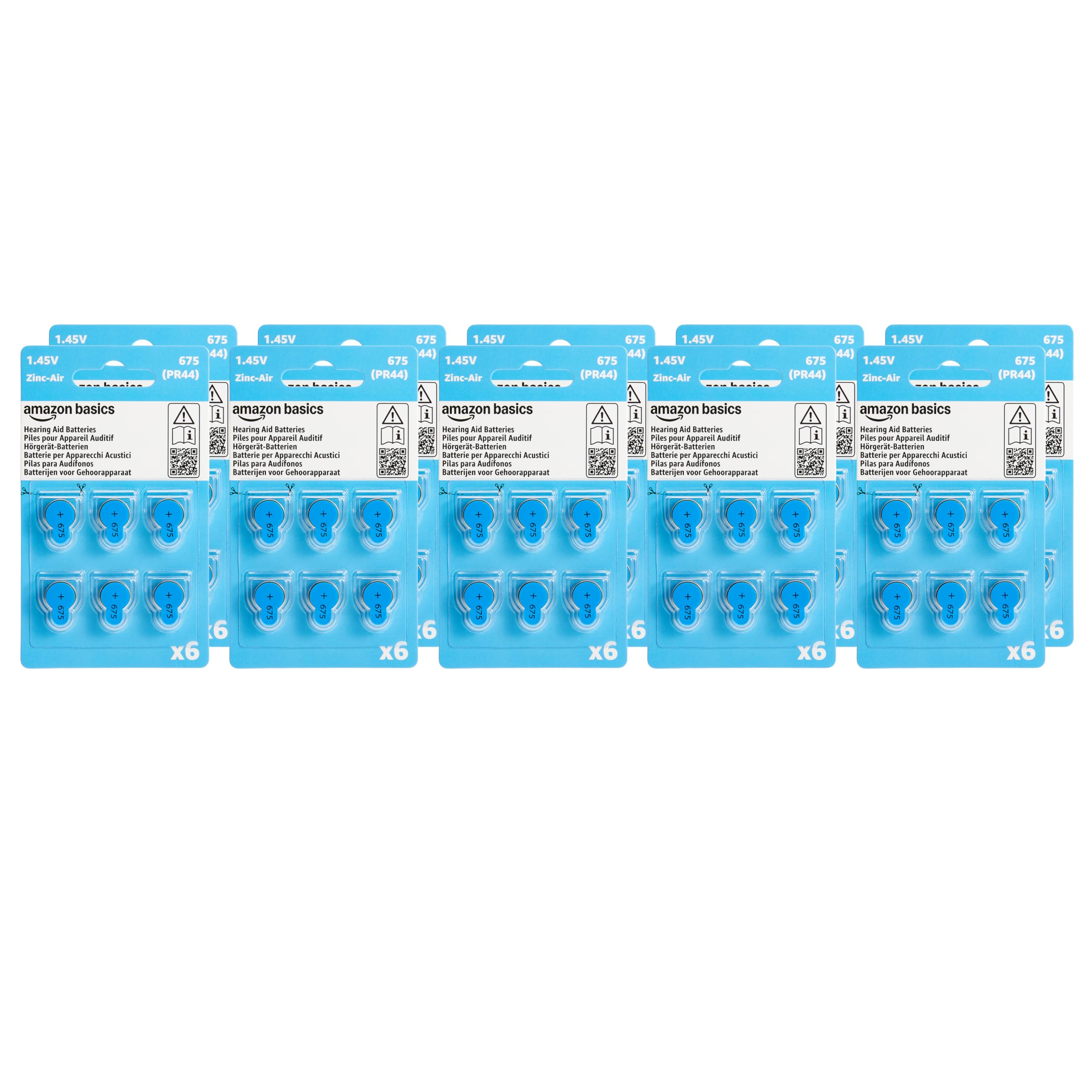 Amazon Basics 60-Pack Hearing Aid Size 675 Zinc-Air Batteries, 1.45 Volt, Blue Tab, 4-Year Shelf Life, Child-Safe Package (Use Scissors to Open)