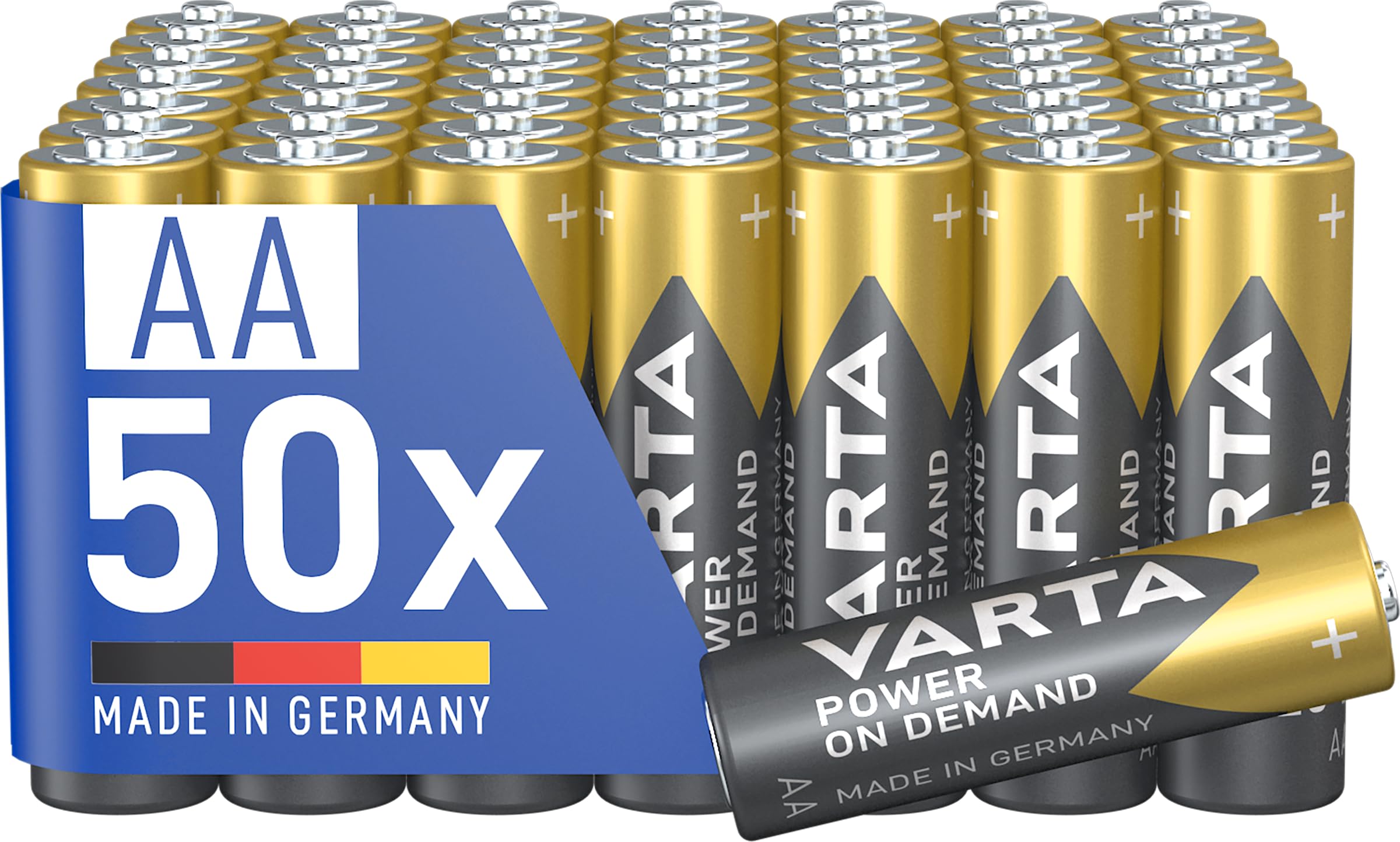 VARTA Batteries AA, pack of 50, Power on Demand, Alkaline, 1,5V, storage pack in environmentally friendly packaging, ideal for computer accessories, Smart Home devices, Made in Germany
