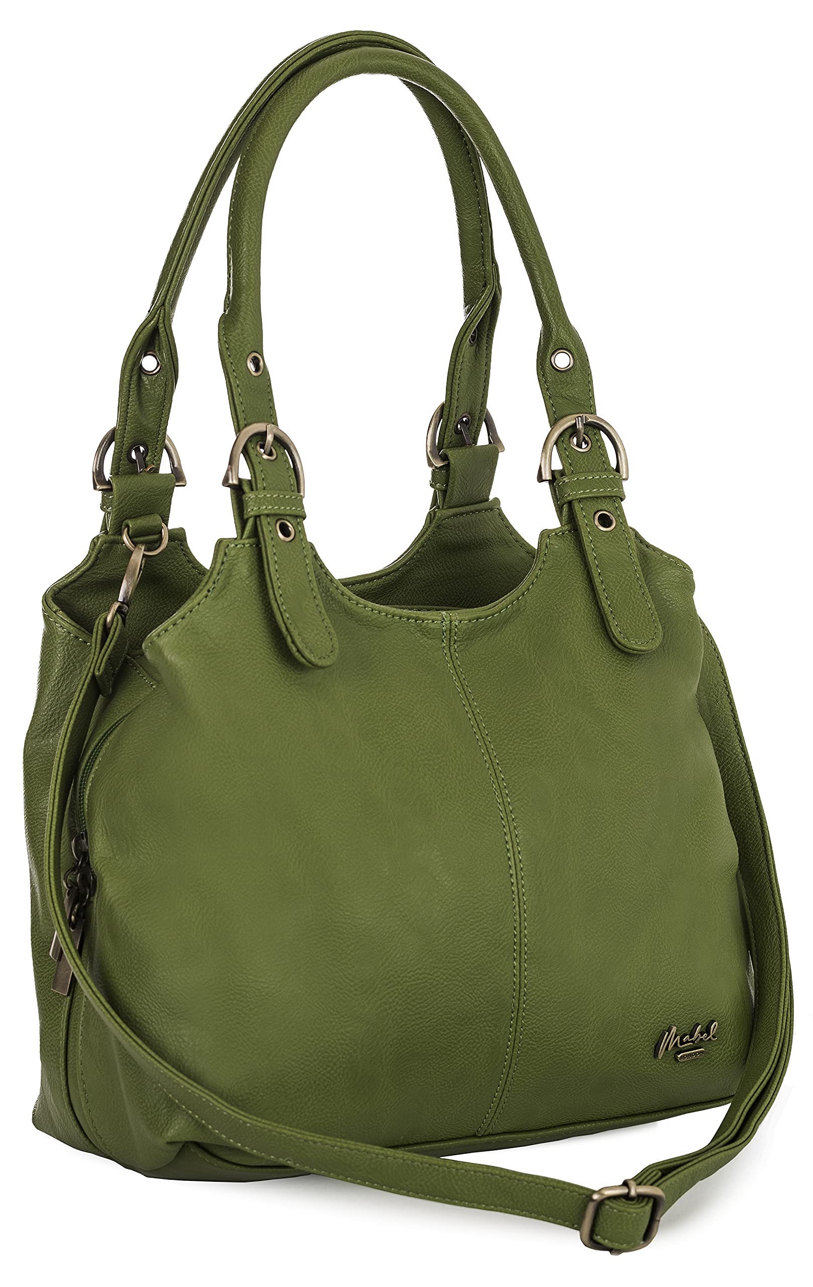 Mabel London Womens Multiple Pockets Handbag - Medium Size Multi Compartments Bag with a Long Shoulder Strap - AMELIA (Olive Green)