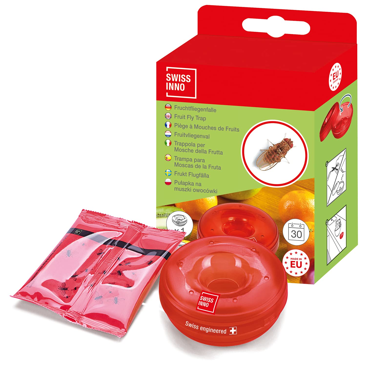 SWISSINNO Fruchtfliegenfalle mit Lockstoff – 1 Stück, inklusive Köder auf Lebensmittelbasis, für Küche und Innenräume, wiederverwendbar