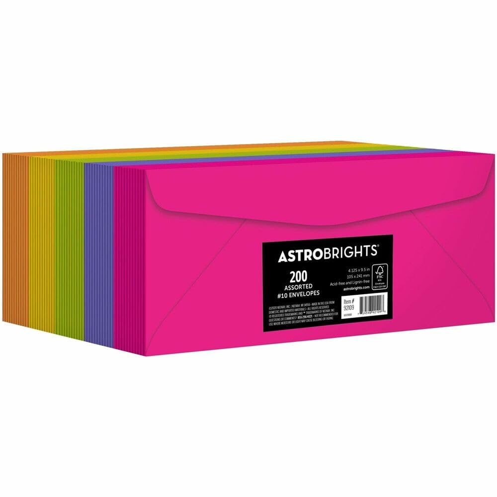 Astrobrights Color 10 Envelopes, 4.125" x 9.5", 24 Lb/89 GSM, Happy 5-Color Assortment, 200 Pack (92109)