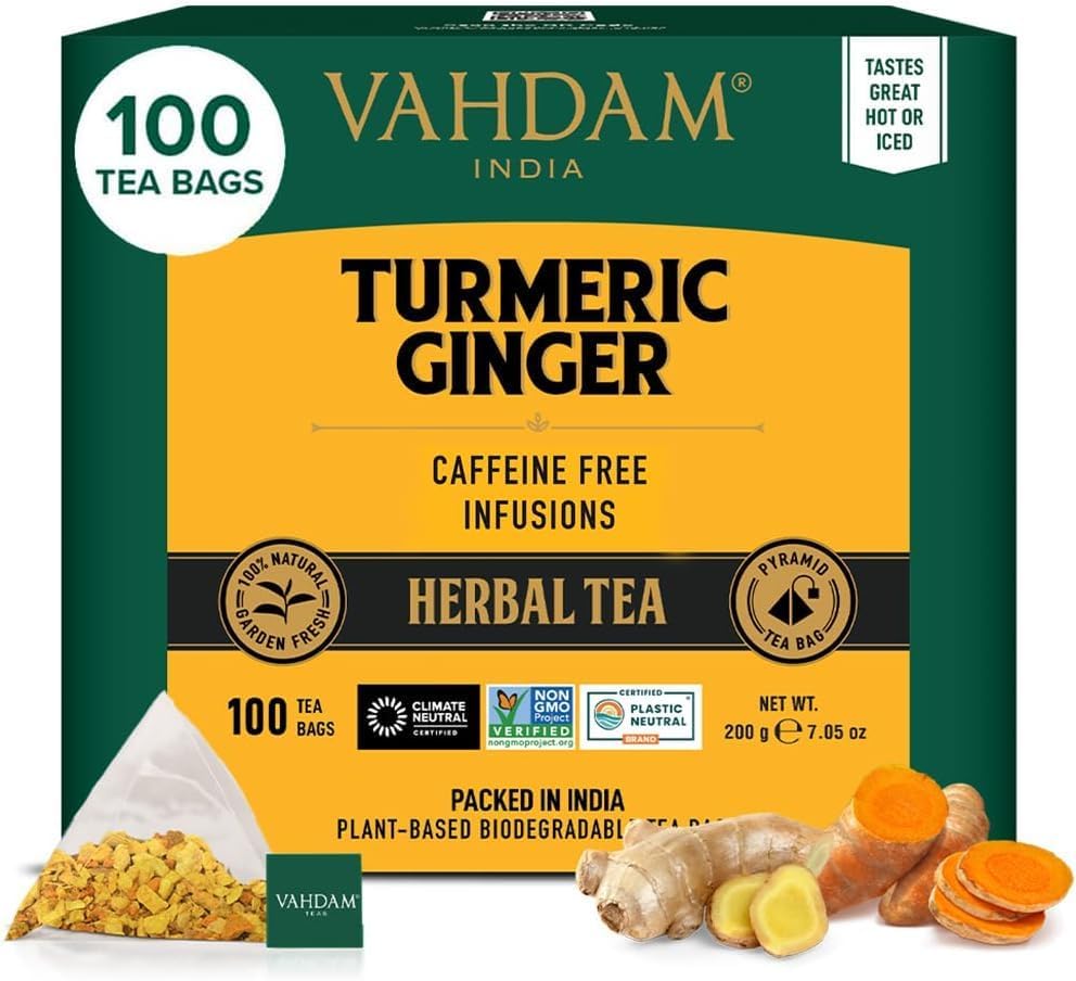 VAHDAM, Turmeric and Ginger Tea (100 Pyramid Tea Bags) Caffeine Free, 100% Genuine Spices - Turmeric, Ginger | Powerful Superfood, Infusion, Herbal Tea