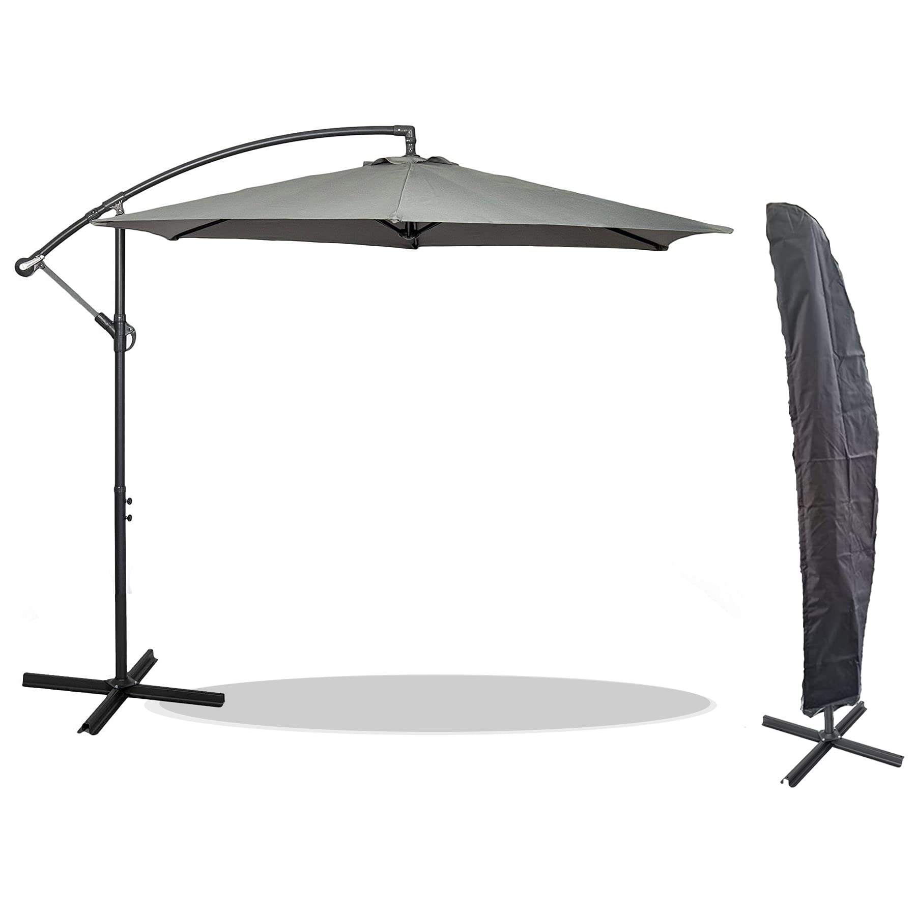 GardenCo 3m Cantilever Banana Parasol + WEATHERPROOF COVER - Hanging Parasol with Crank Handle - Outdoor Garden and Patio Sun Shade - (Grey)