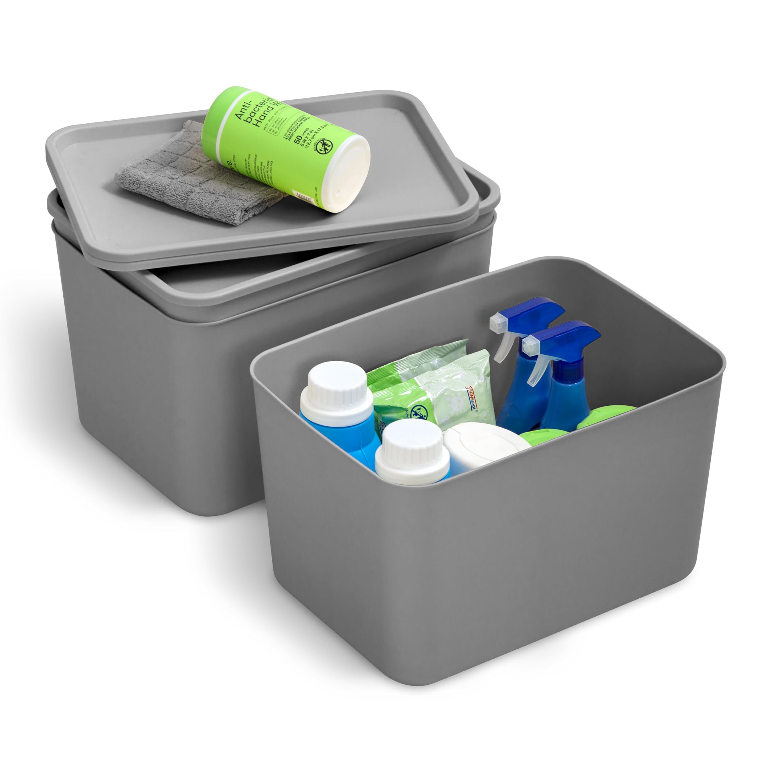 Iris Ohyama, Set of 3 Plastic Storage Boxes with Non-Snap Lid, Stackable, for Kitchen, Bathroom, Bedroom, Closet, Office, Solid & Durable Organization, SNL-MD